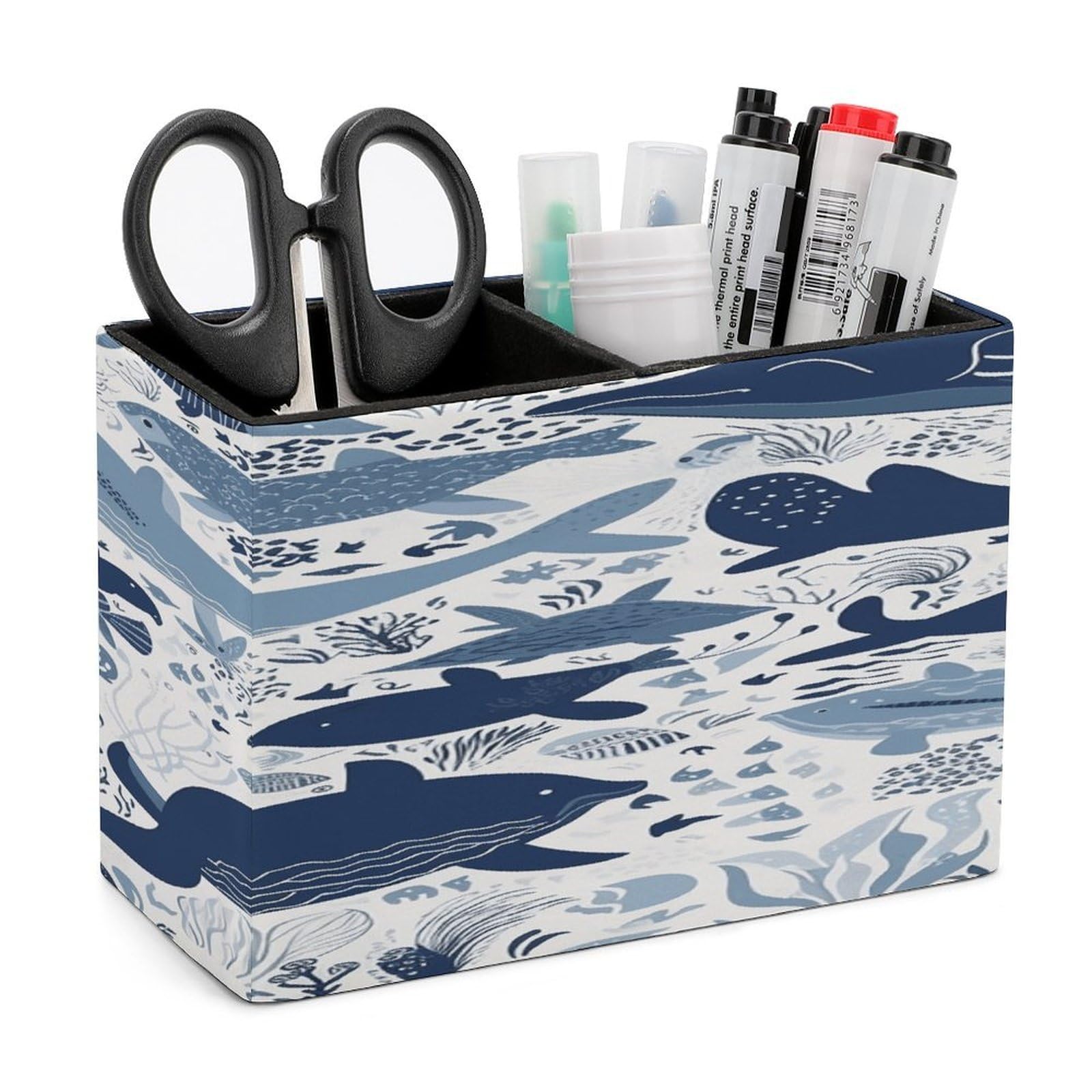 Turtle Octopus Pattern Ocean Theme Leather Pen Holder Square Pencil Holder Multi-Functional Desk Organizer Modern Pen Cup Pencil Cup Minimalist Desktop Stationery Organizer for Desk Office Home