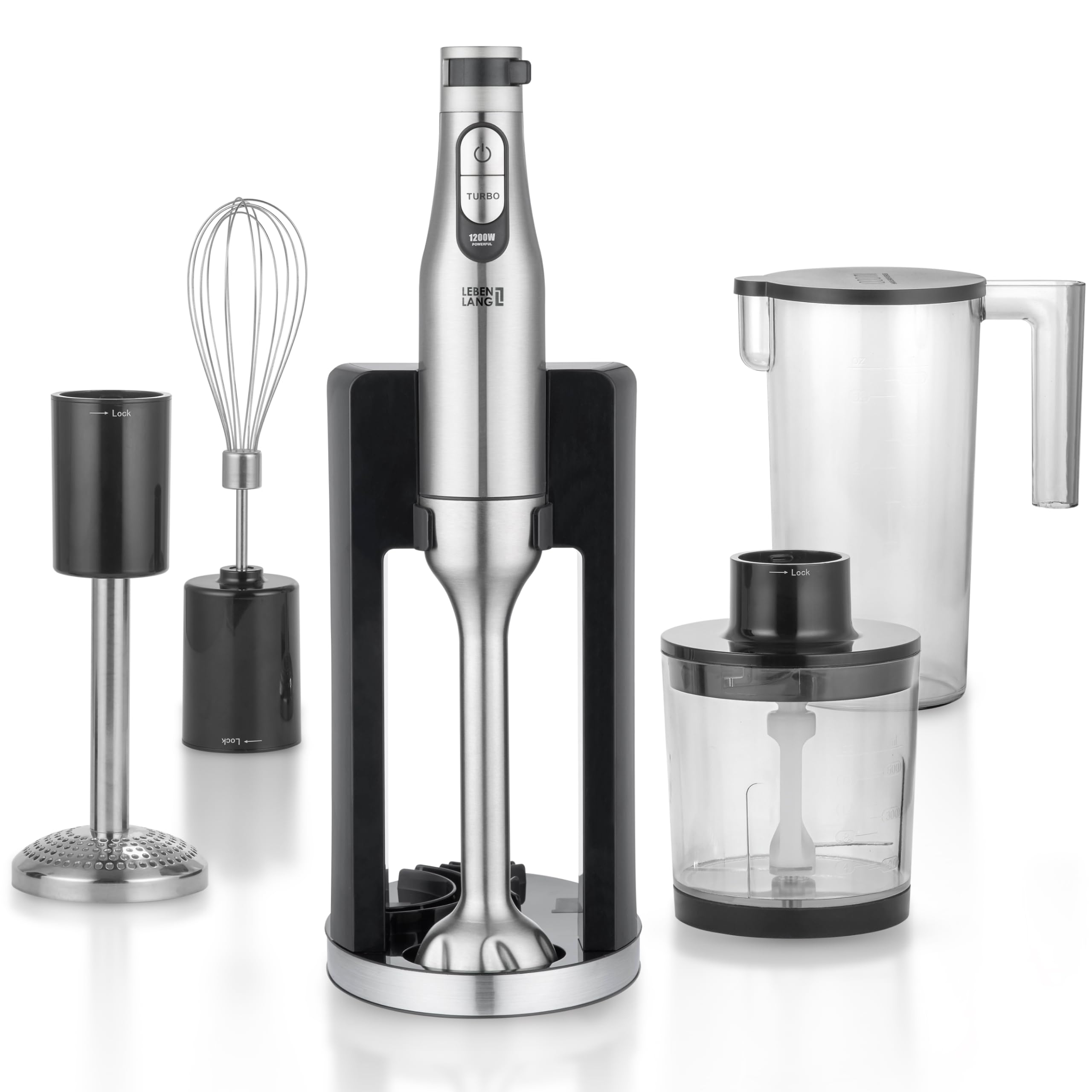 LEBENLANG Premium Set Batidora mano 1200w - Incl. 5x accesorios & protector contra salpicaduras I Infinitamente ajustable & turbo I Trituradora de alimentos Minipimer Blender Batidoras brazo Mixer