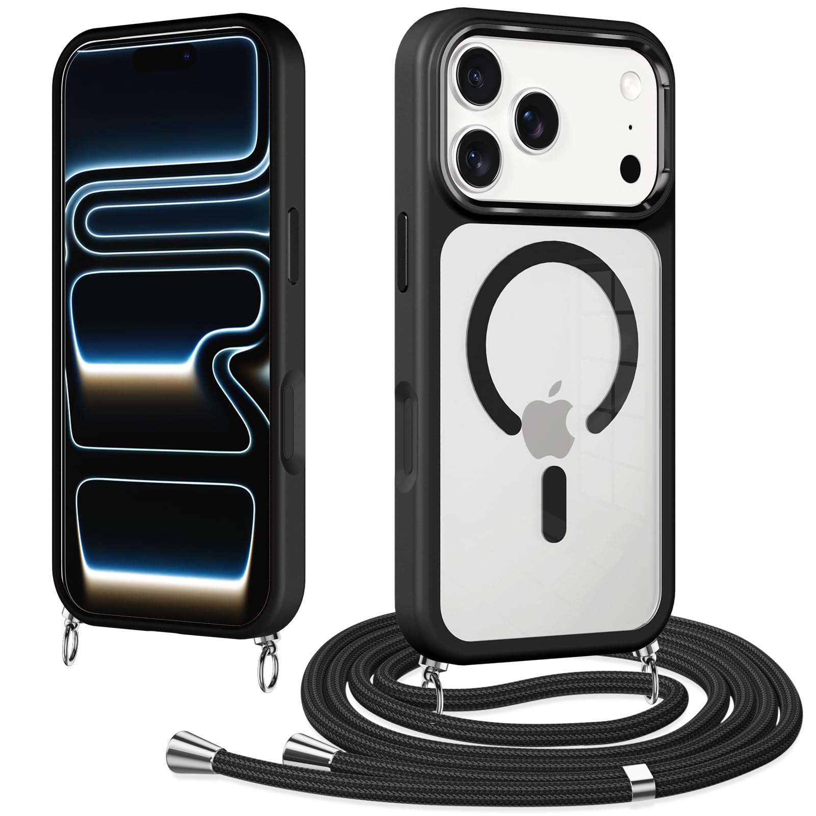 Pnakqil Magnetyczne etui na iPhone'a 17 Pro ze smyczą, kompatybilne z MagSafe, twarde etui PC cienkie silikonowe TPU odporne na wstrząsy zderzak ochronny ze sznurkiem naszyjnik pasek na ramię etui