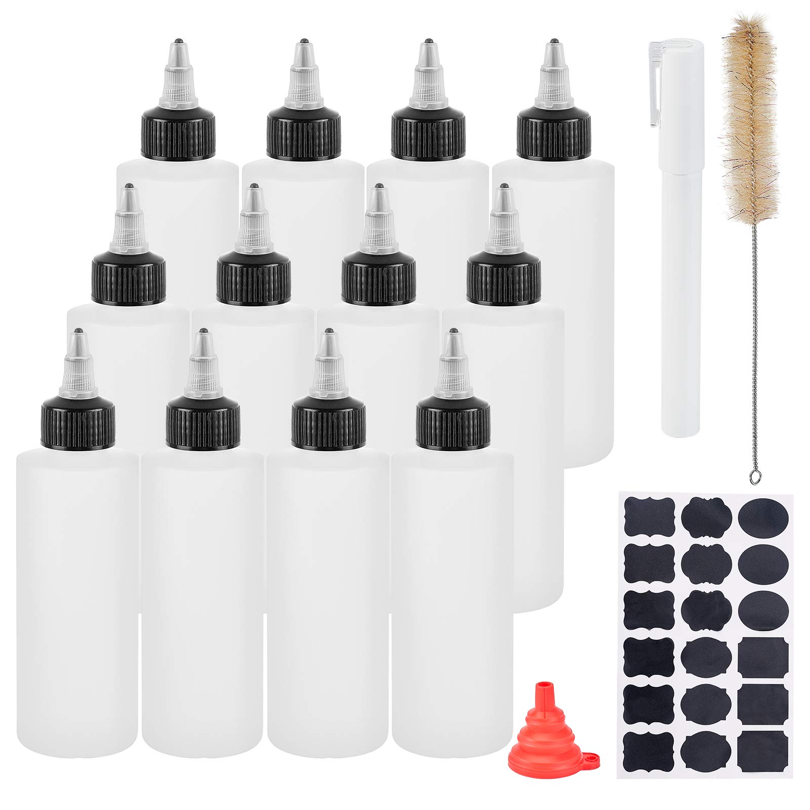BENECREAT 12 Packung 150ml Plastik Quetschflaschen mit schwarzer Twist Cap Klebeflasche mit Trichter, Reinigungsbürste, Aufkleberetikett und Markierungsstift für Kunsthandwerk, Kunst, Kleber