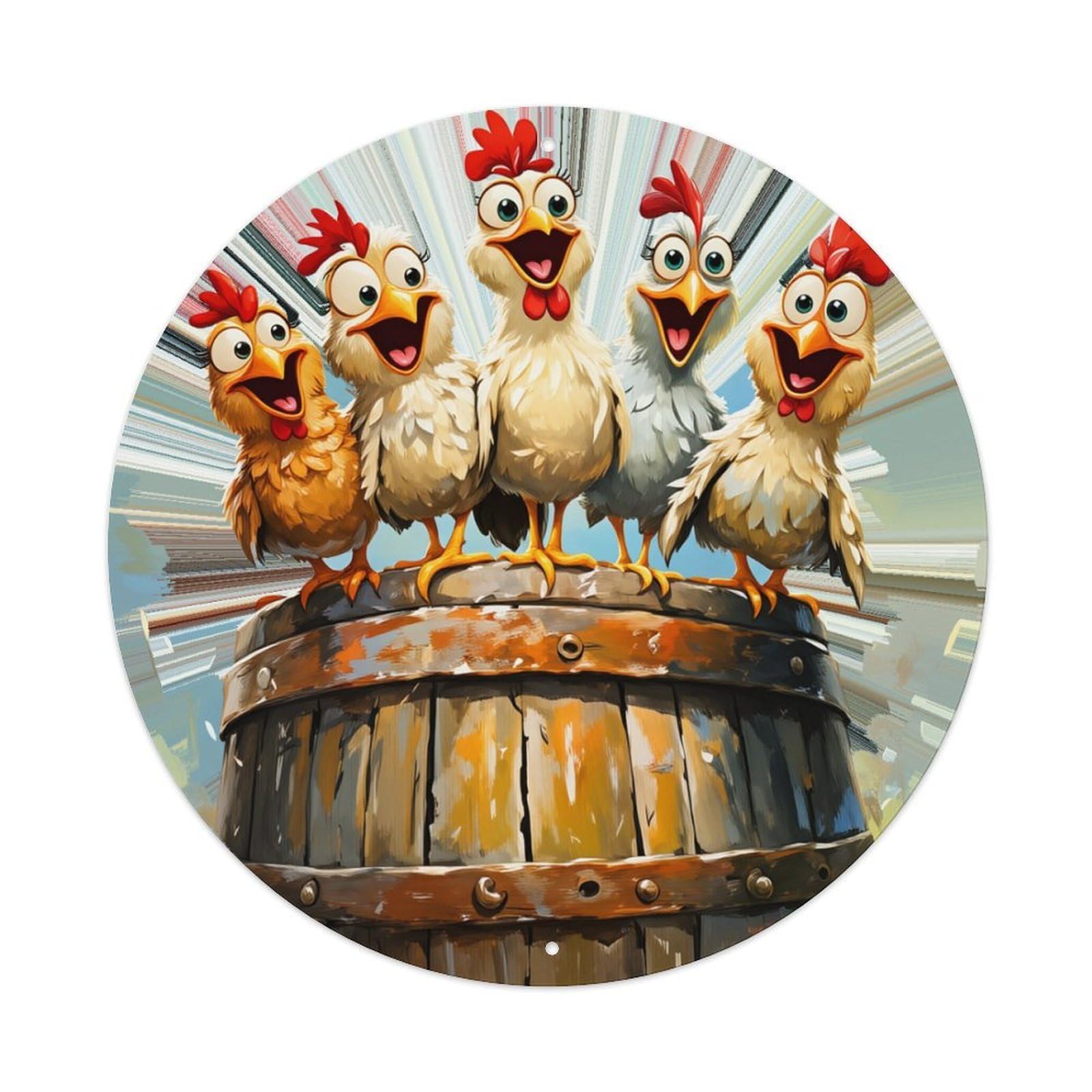 Chicken Group Barrel Fun Cartoon Round Tin Sign Retro Metal Sign for Cafe Bar Pub Home Game Room Gym Club Wall Decoration Vintage Metal Poster 8x8 Inch