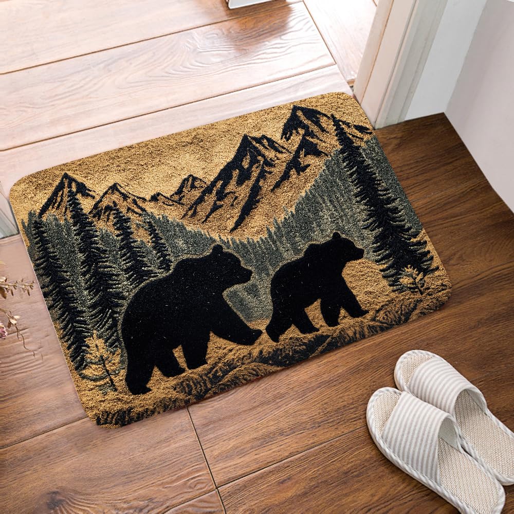 JAWO Bath Rug Mountains Bath Rug Farmhouse Country Bear Forest Vintage Decor Non Slip Bath Mats Hunting Camping Bath Rug for Bathroom Kitchen Outdoor
