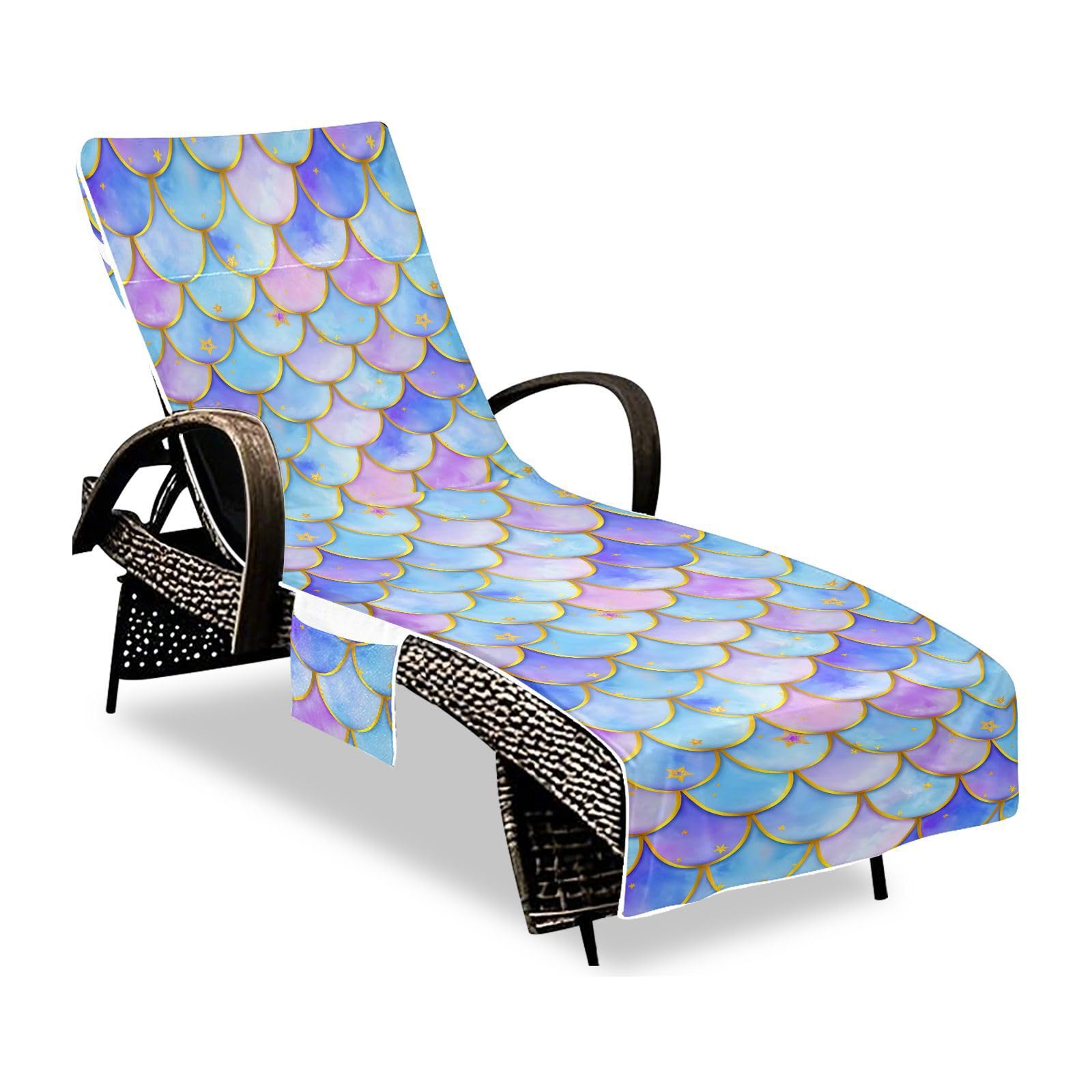 BOESI Graffiti Scales and Stars Beach Chair Towel, Outdoor Pool Chair Cover, with Pockets, Suitable for Outdoor Beach Garden Sunbathing, 85'' x 30''