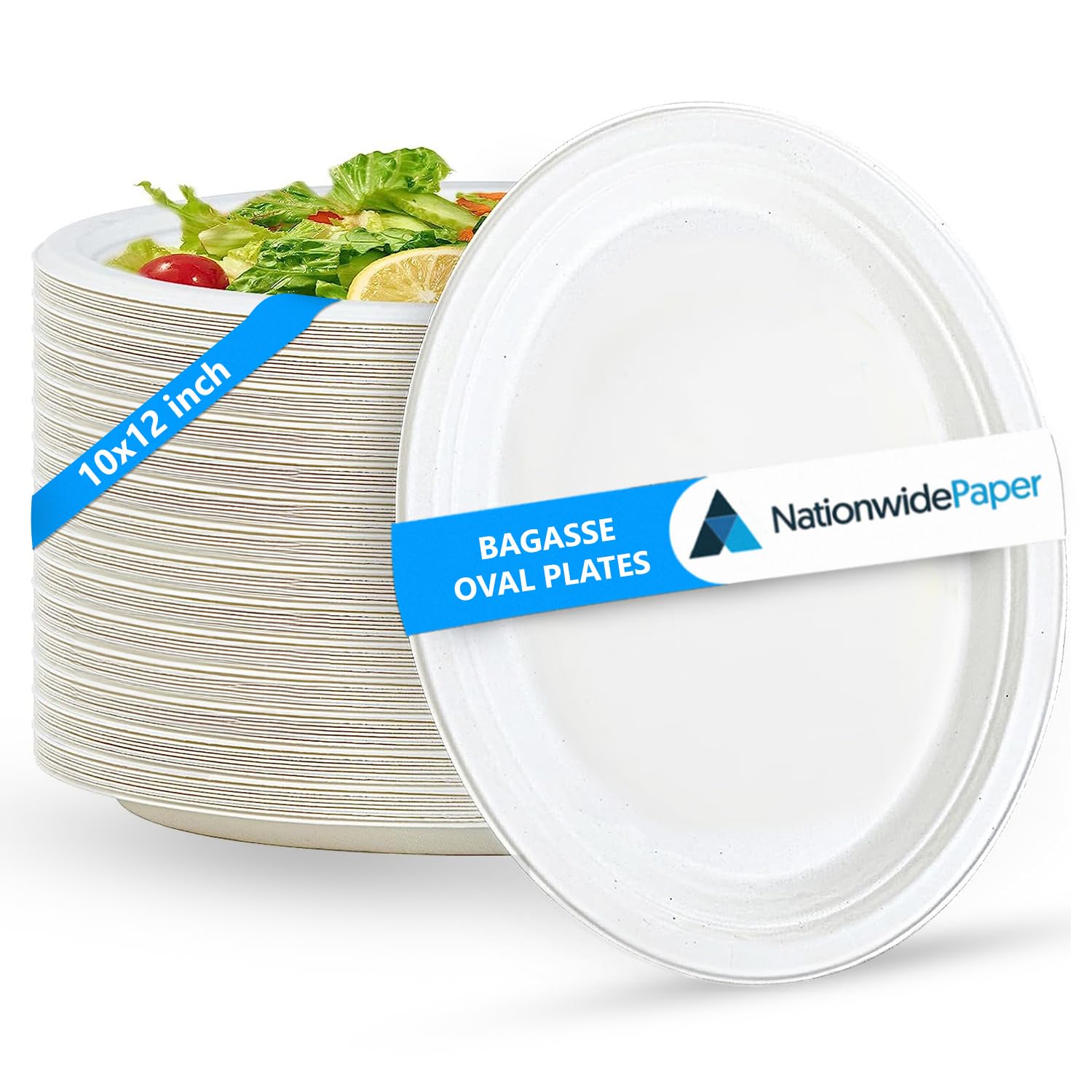 Nationwide Paper 10x12Inch Disposable Oval Paper Plates, Large, Heavy Duty, Eco-Friendly, White Bagasse Paper Plates, 200Pcs