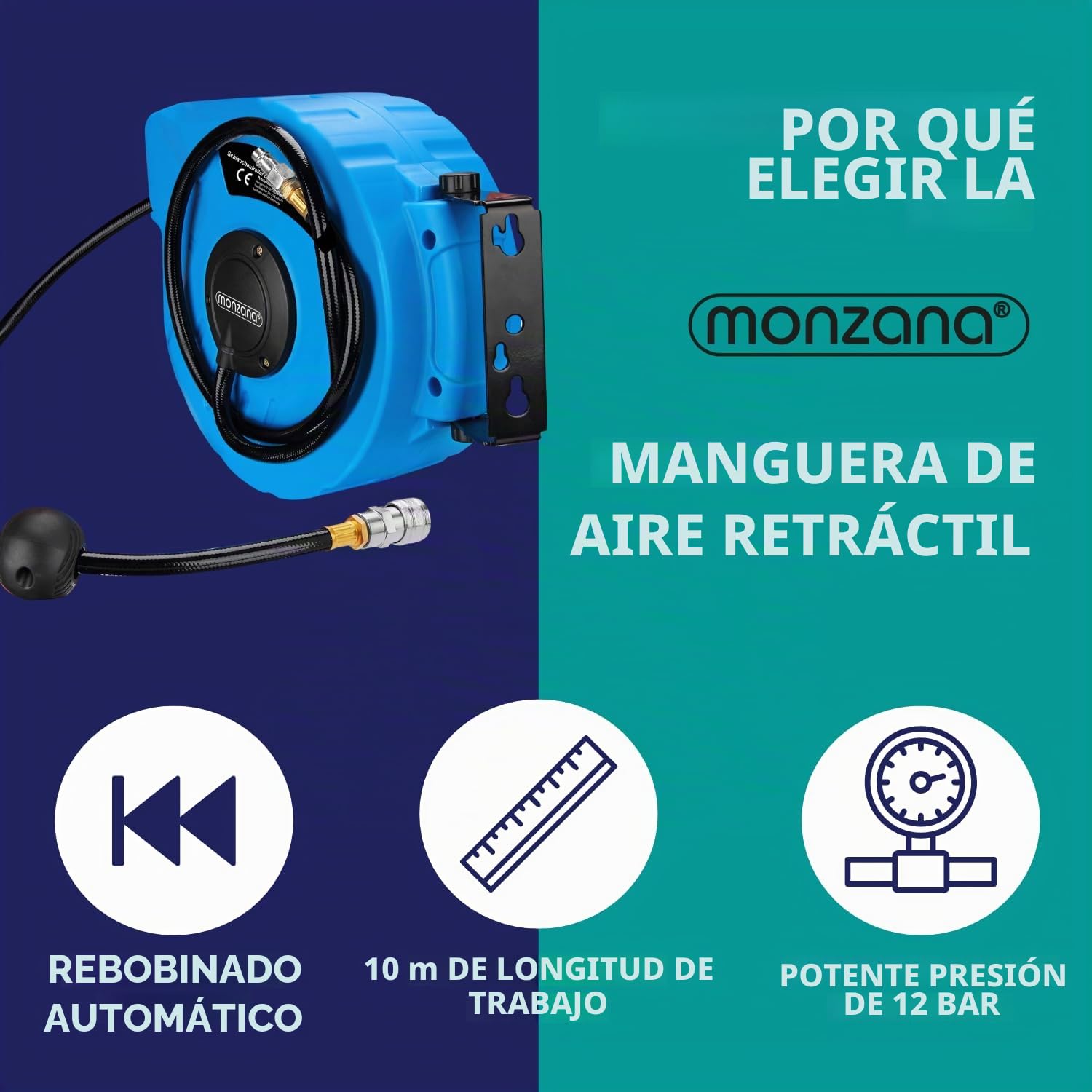 Monzana Carrete de Manguera Automático de 10m Soporte de Pared Aire Comprimido Conexión 1/4' Portamanguera