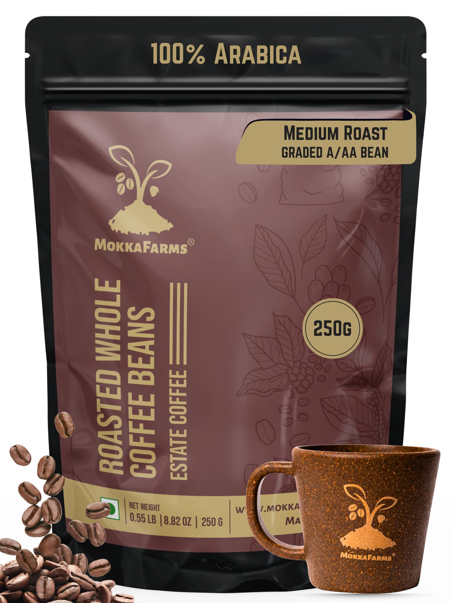 Mokka Farms Premium Roasted Coffee Beans 250g | 100% Arabica | Medium Roast | Fresh Estate Coffee | Graded A/AA Whole Beans | Strong Flavor & Aroma | Farm to Fork Quality | Resealable Zip Lock Bag
