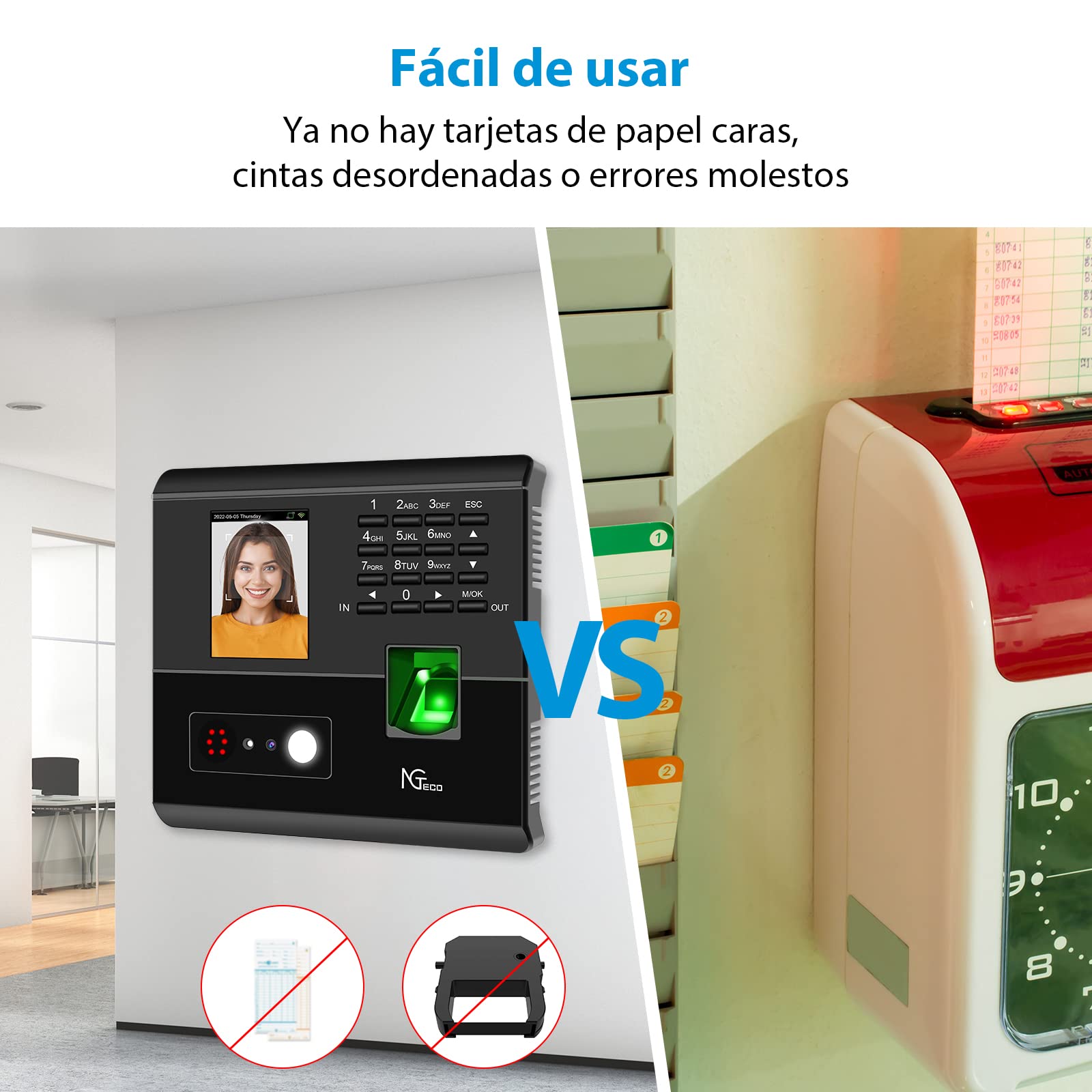 NGTeco WiFi Control Horario Empleados, Maquina fichar empleados español con códigos Facial, de Huella Dactilar, RFID y Pin, máquina de fichar empleados con App biométrica para iOS/Android(MB1)