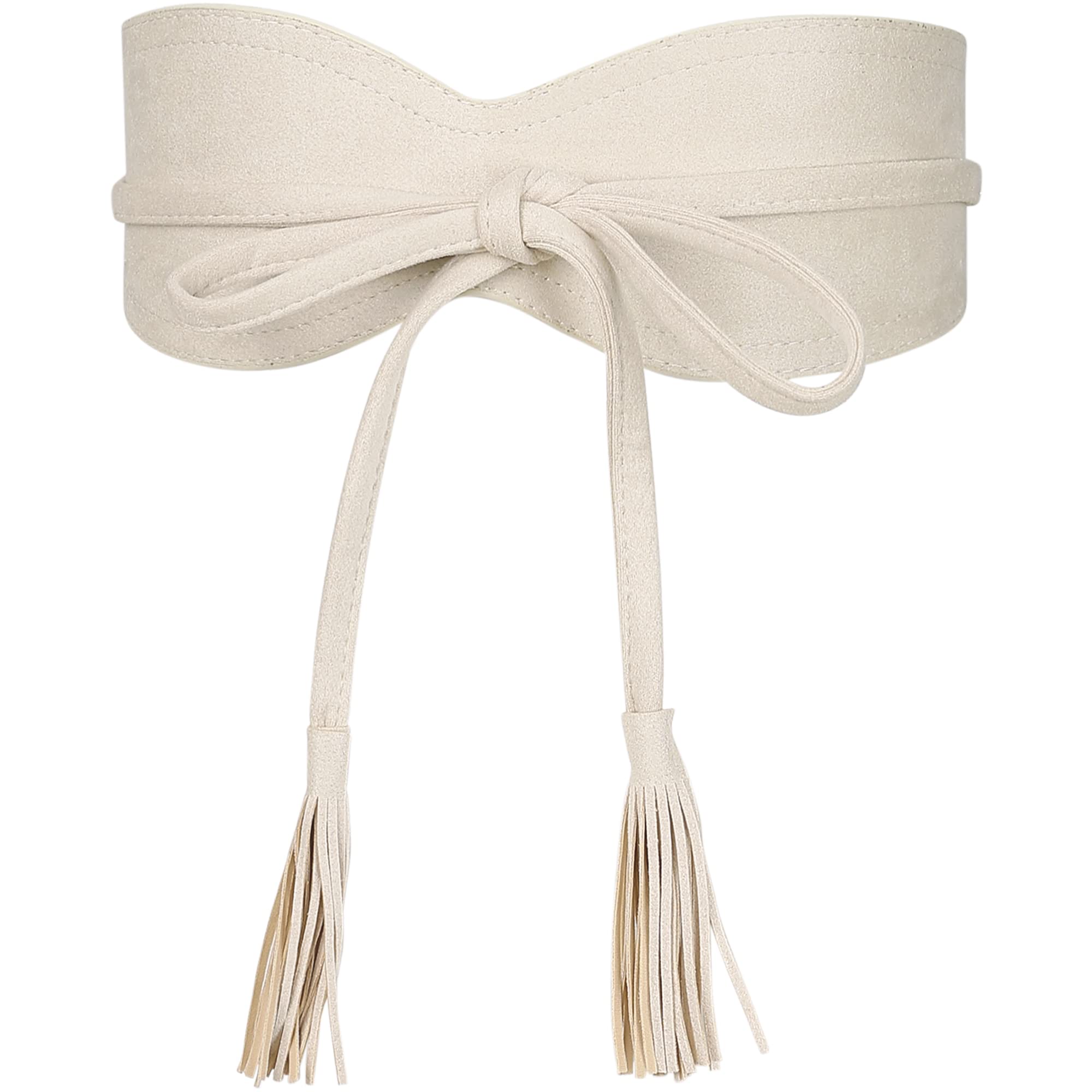 Elerevyo Womens Faux Suede Tassel Belt, Vintage Bow Tie Corset Cinch Obi Belts Waistband for Dress Beige 65-106cm/25.59-41.73"