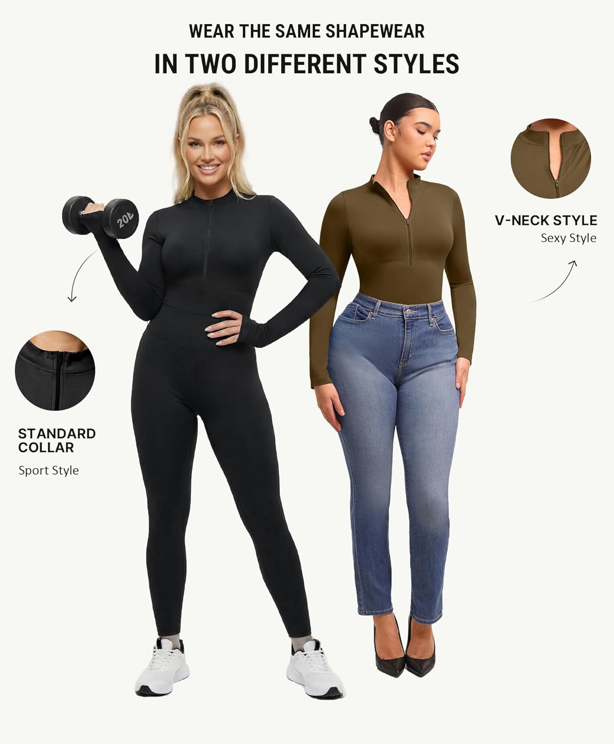 FeelinGirl Long Sleeve Bodysuit for Women Mock Turtle Neck Body Suits Zip Up Design Black Tummy Control Bodysuit Shirts - Image 3