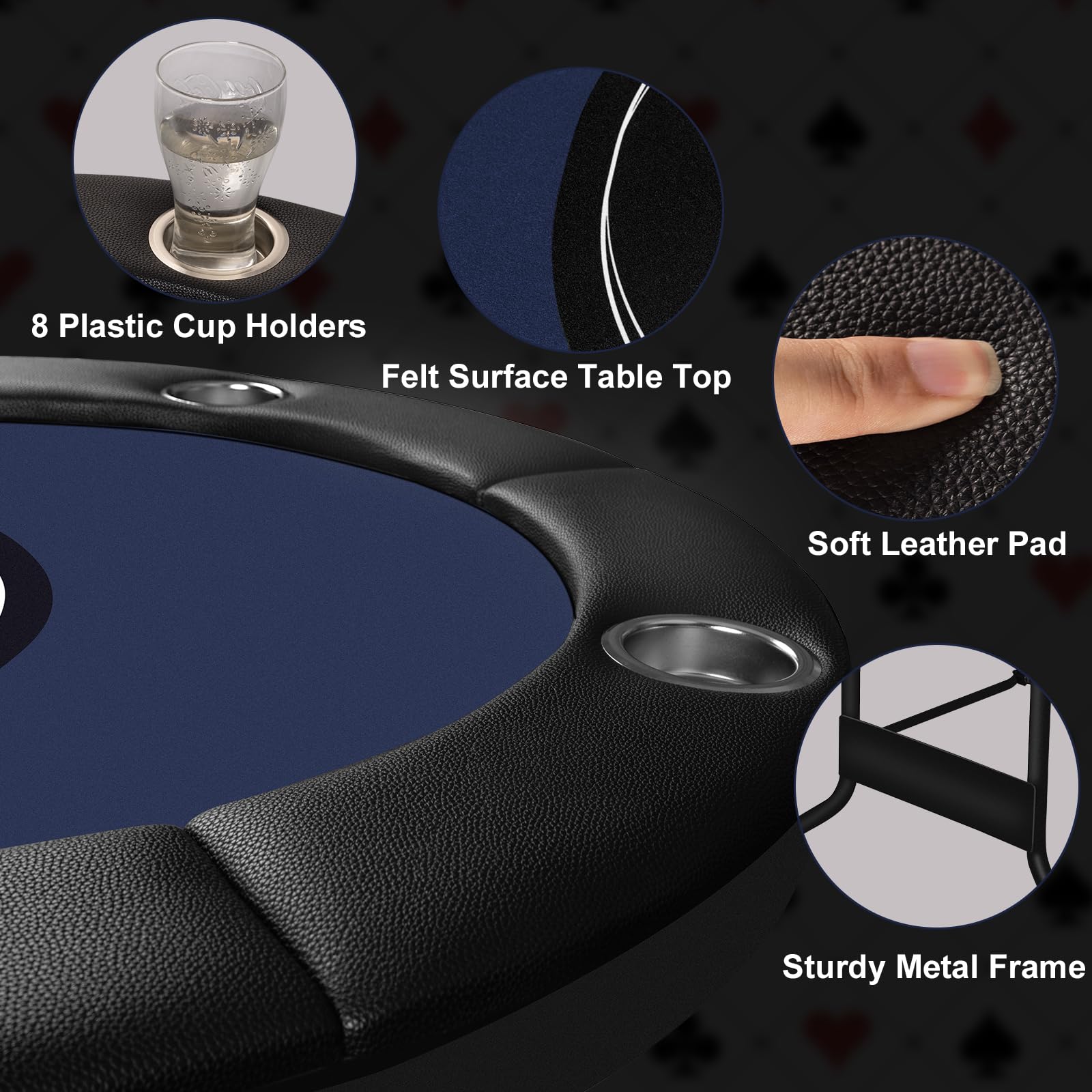 HLC Tavolo da poker pieghevole per 8 giocatori per adulti, design professionale da casinò, con binario imbottito e portabicchieri profondi, telaio in acciaio resistente, portatile per giochi domestici