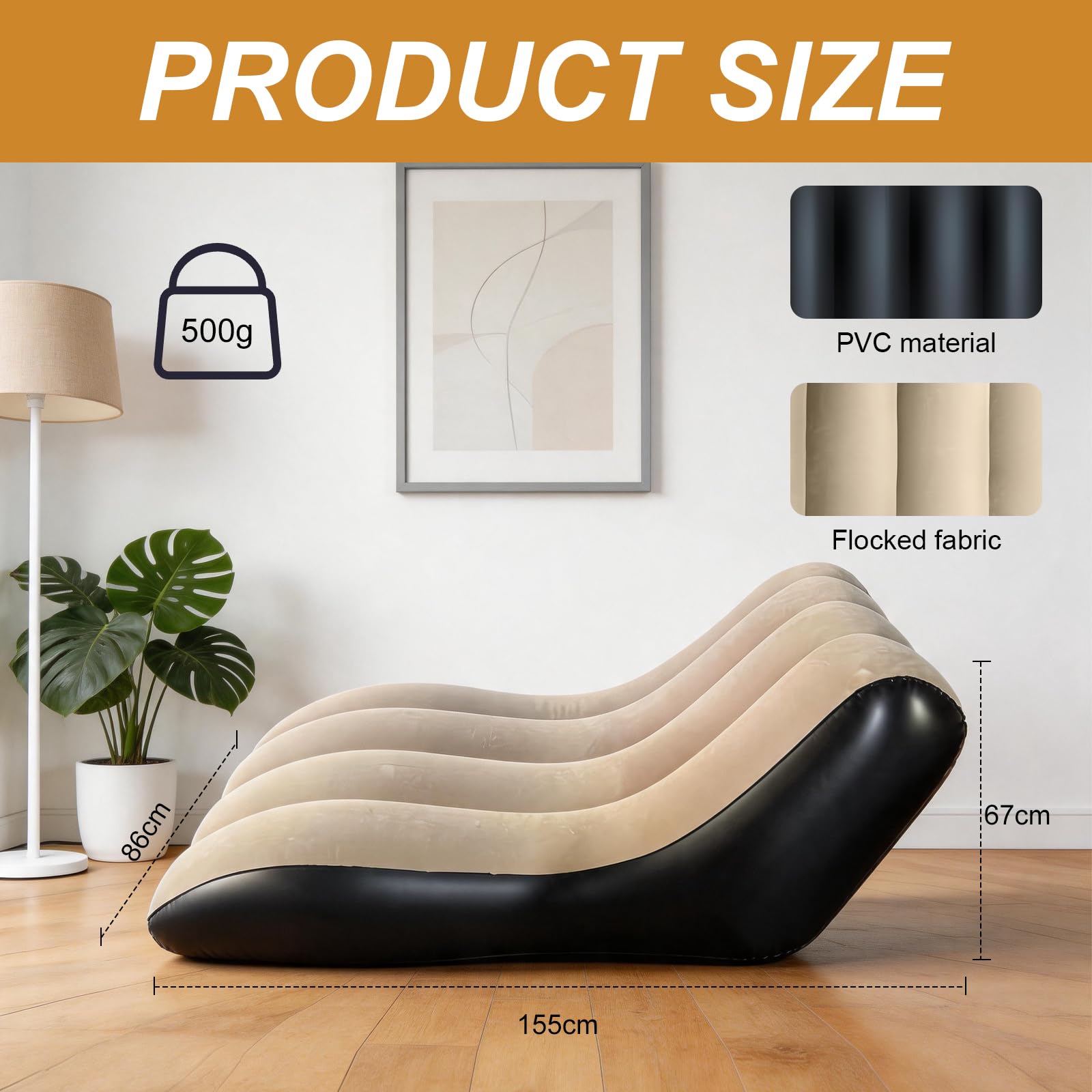 Aufblasbares Sofa mit Flockoberfläch, 155x86cm Luftsofa Inklusive Luftpumpe, Wasserdichtes Luftsofa Aufblasbares für Wohnzimmer, Couch Aufblasbar Outdoor Camping, Beflockt