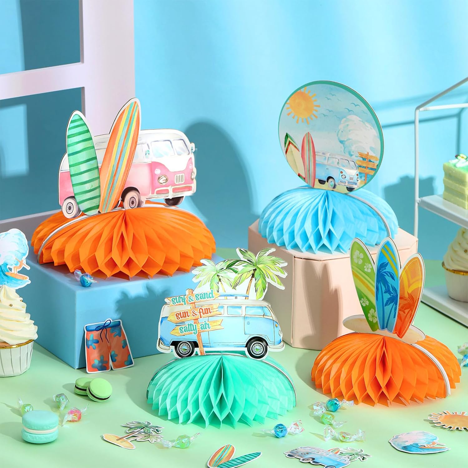 Summer Surf Birthday Party Supplies Vintage Surfing Birthday Honeycomb Centerpieces for Summer Beach Hawaiian Birthday Decorations Swimming Pool Hawaii Party Supplies image 3