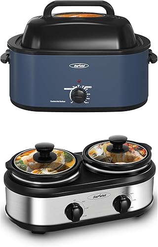Sunvivi Horno asador y olla de cocción lenta, asador de pavo de 24 cuartos de galón con función única de descongelación/calor, azul, mini servidor