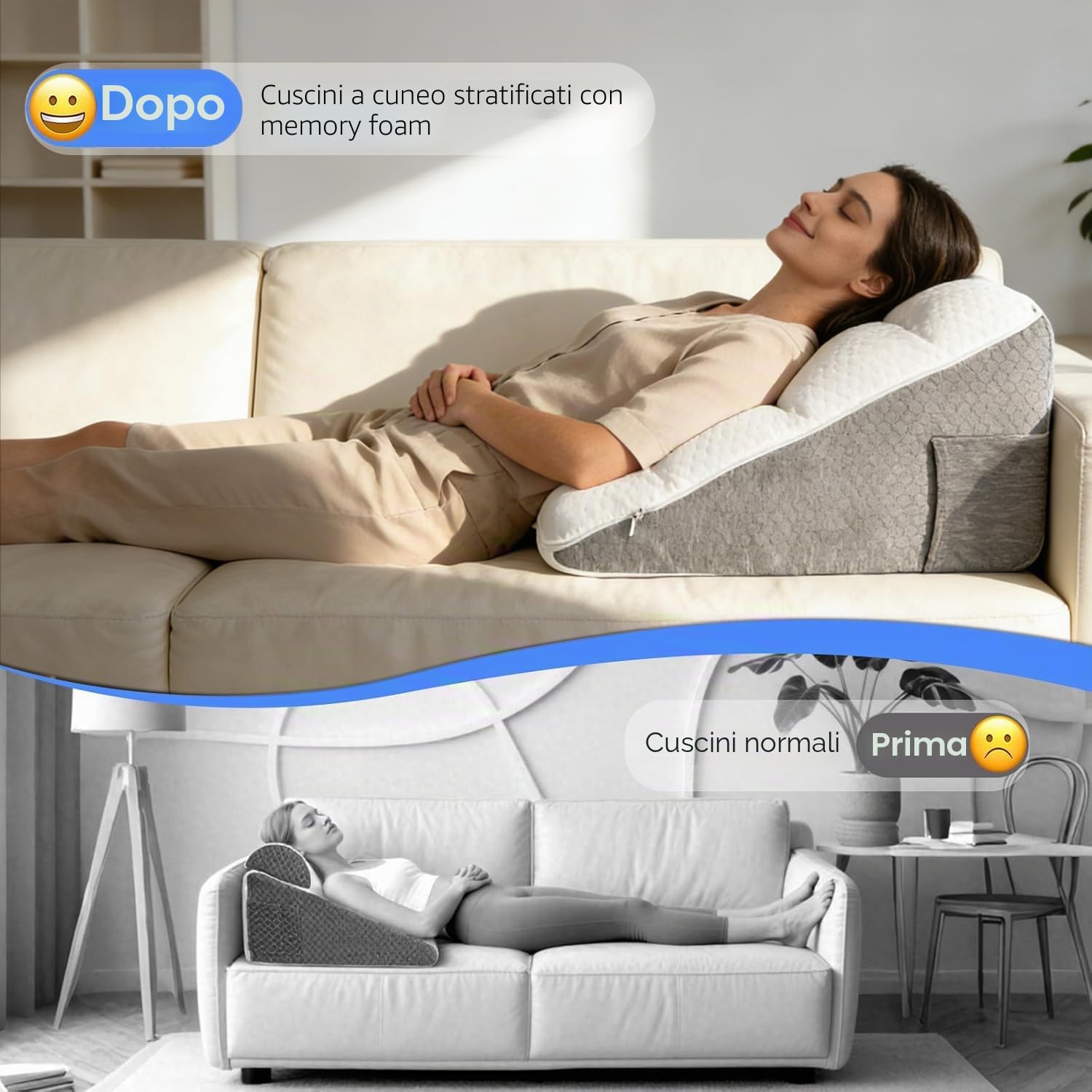 Cuscino a cuneo per letto e divano, doppio cuscino da lettura per cuscino lombare, rialzatore, cuscino di supporto per la schiena, cuscino in schiuma ad alta densità, cuscino da lettura per