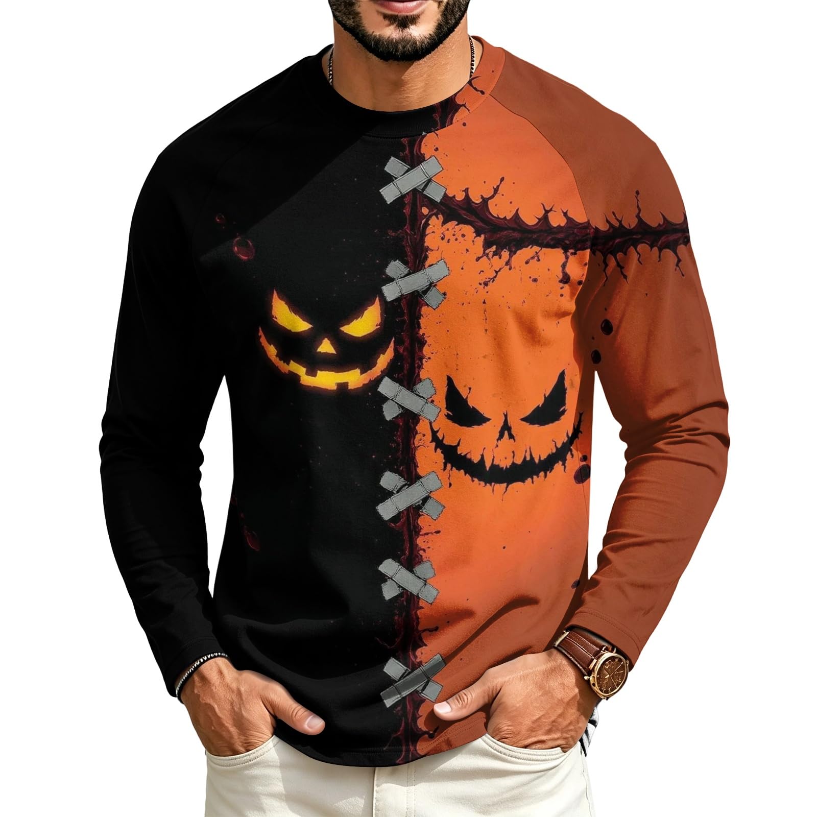 Halloween Crew Neck Shirts Costumes for Men Long Sleeve Fit Pumpkin Ghosts Print Casual Fashion Tops 2026,03-Saffron S — image 1