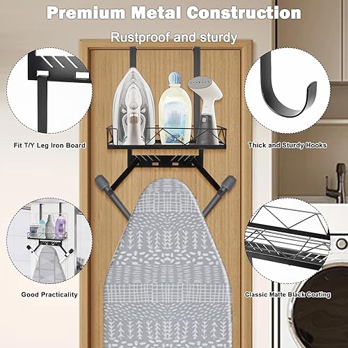 Miniatura 7 de Soporte de metal para tabla de planchar sobre la puerta o la pared, estante de almacenamiento para tabla de planchar con ganchos ajustables para