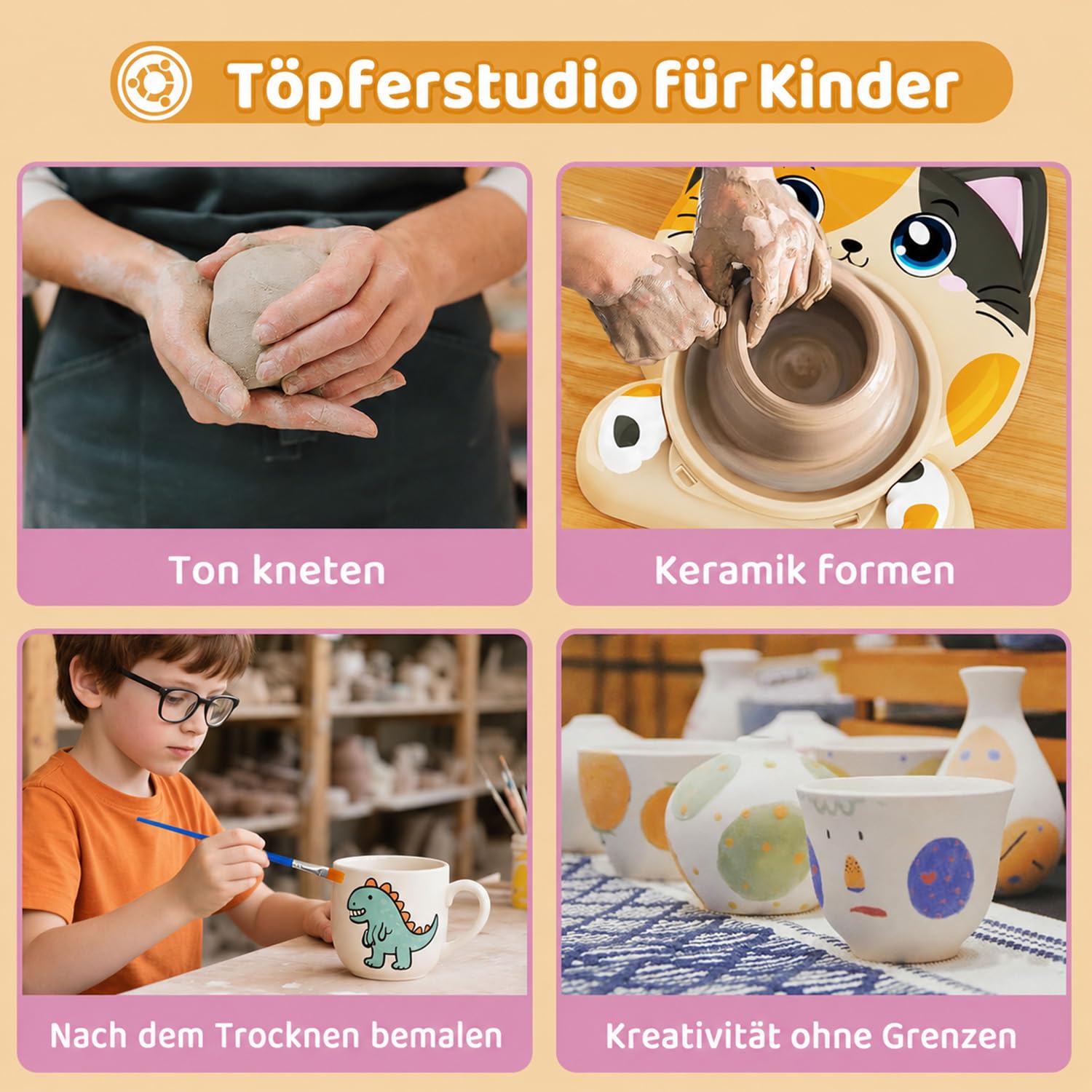 Töpferscheibe für Kinder – Komplettes Töpferstudio Set für Anfänger, Bastelset ab 8-12 Jahren mit 3x Lufttrocknender Ton, Mini Töpferrad Ostergeschenke Kinder für Jungen Mädchen (Katzenmuster)