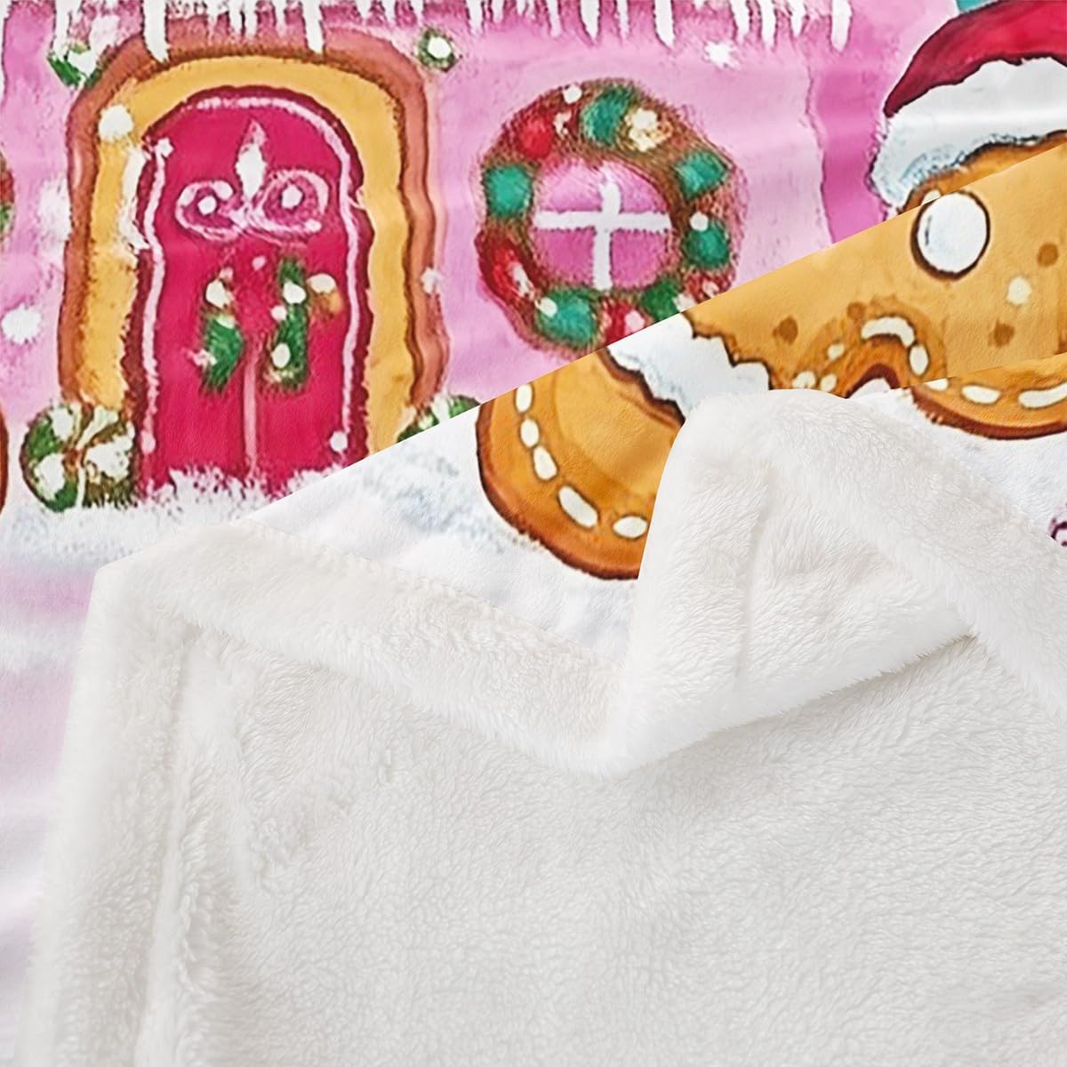 Feelyou Kids Pink Merry Christmas Fleece Throw Blanket Throw 50"x60" Xmas Tree Gingerbread Man Plush Blanket for Boys Girls Candy Cane House Winter Sherpa Blanket Happy New Year Fuzzy Blanket
