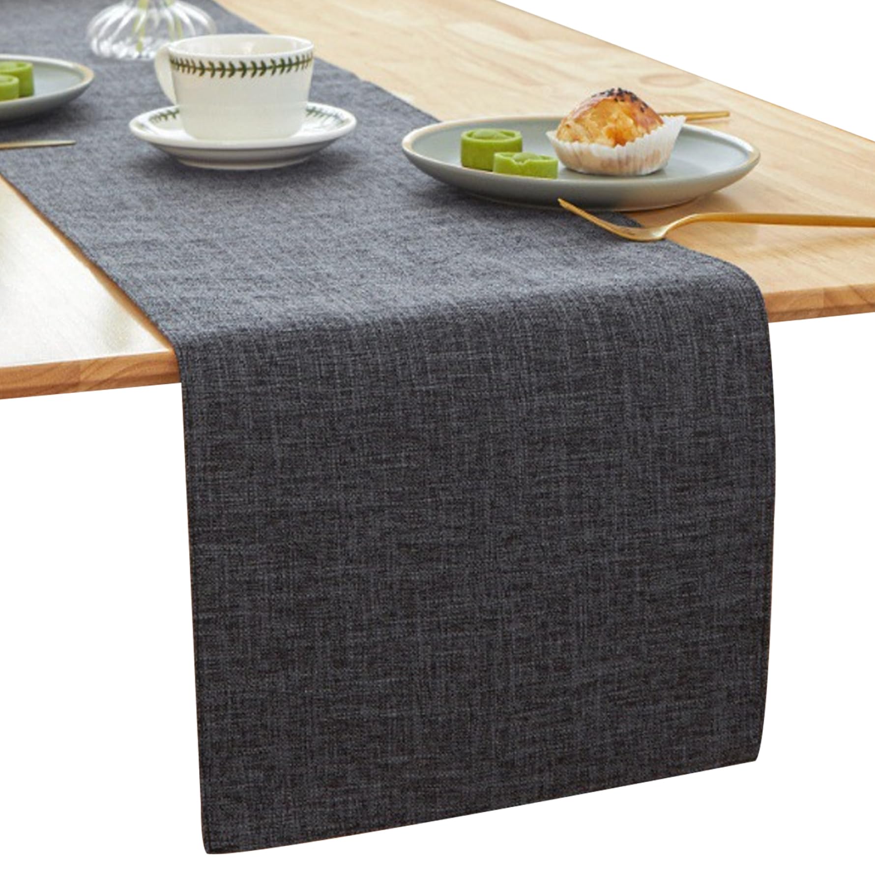 Chemin de table noir en coton lin antitache aspect jute 180cm