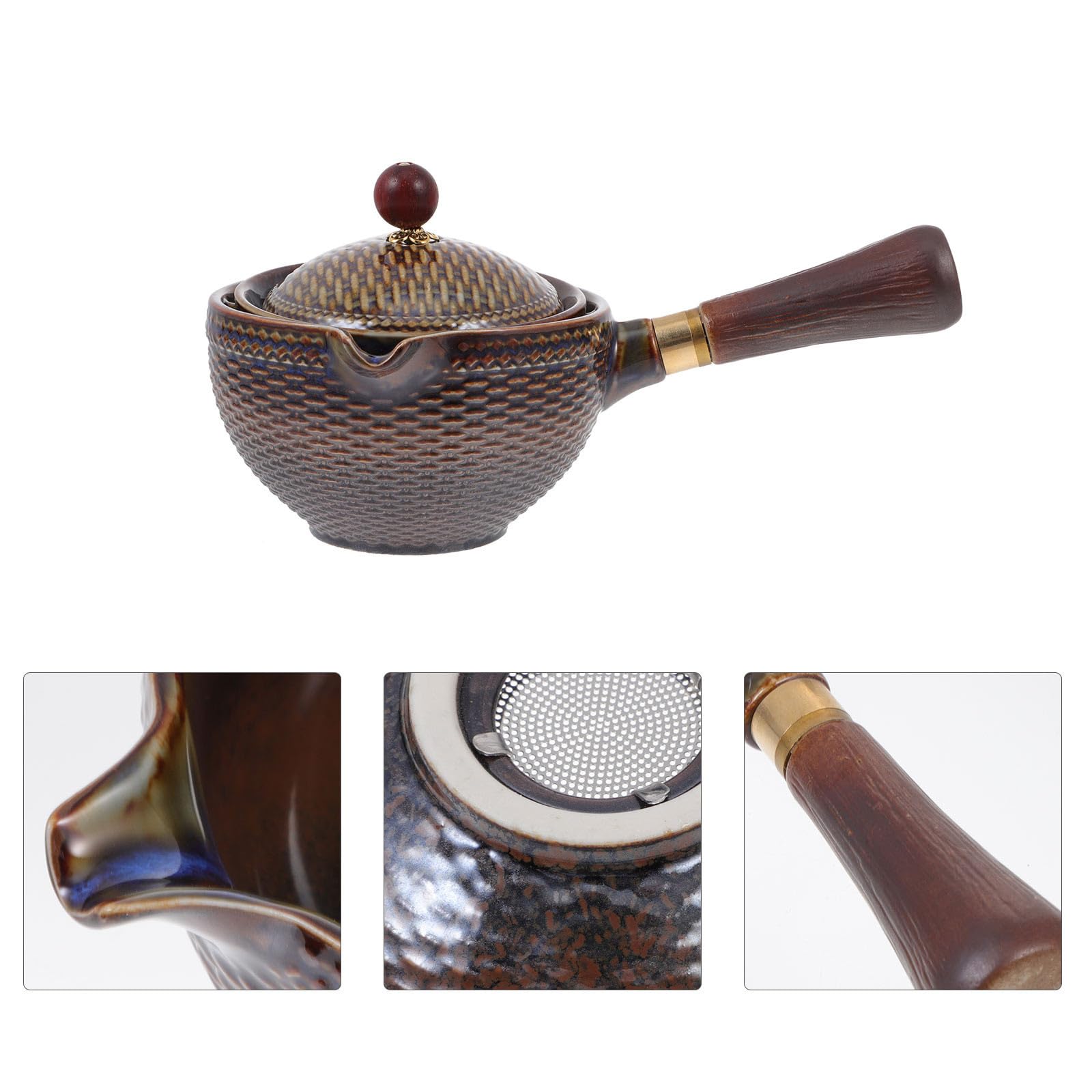 POPETPOP Tetera Cuerpo de Acero Inoxidable y Madera Marrón Cerámica Resistente al Calor Filtro Fácil de Limpiar para Hacer Té Kung Fu en Casa