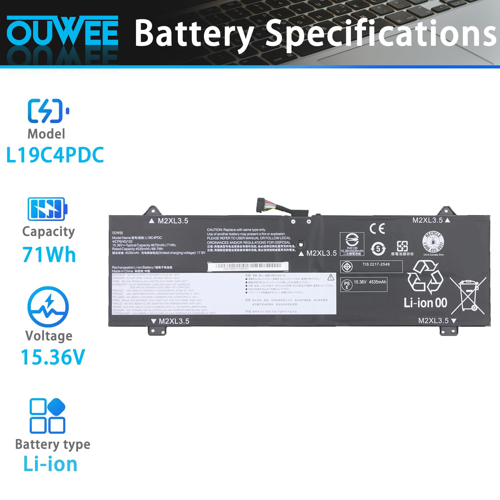 OUWEE L19C4PDC L19M4PDC L19L4PDC Laptop Battery Replacement for Lenovo Ideapad Yoga 7i 2020 2021 2022 7-14ITL5 7-15ITL5 7-14ACN6 7-14ARB7 Series 5B10Z26479 SB10Z26481 5B10Z26482 15.36V 71Wh 4622mAh