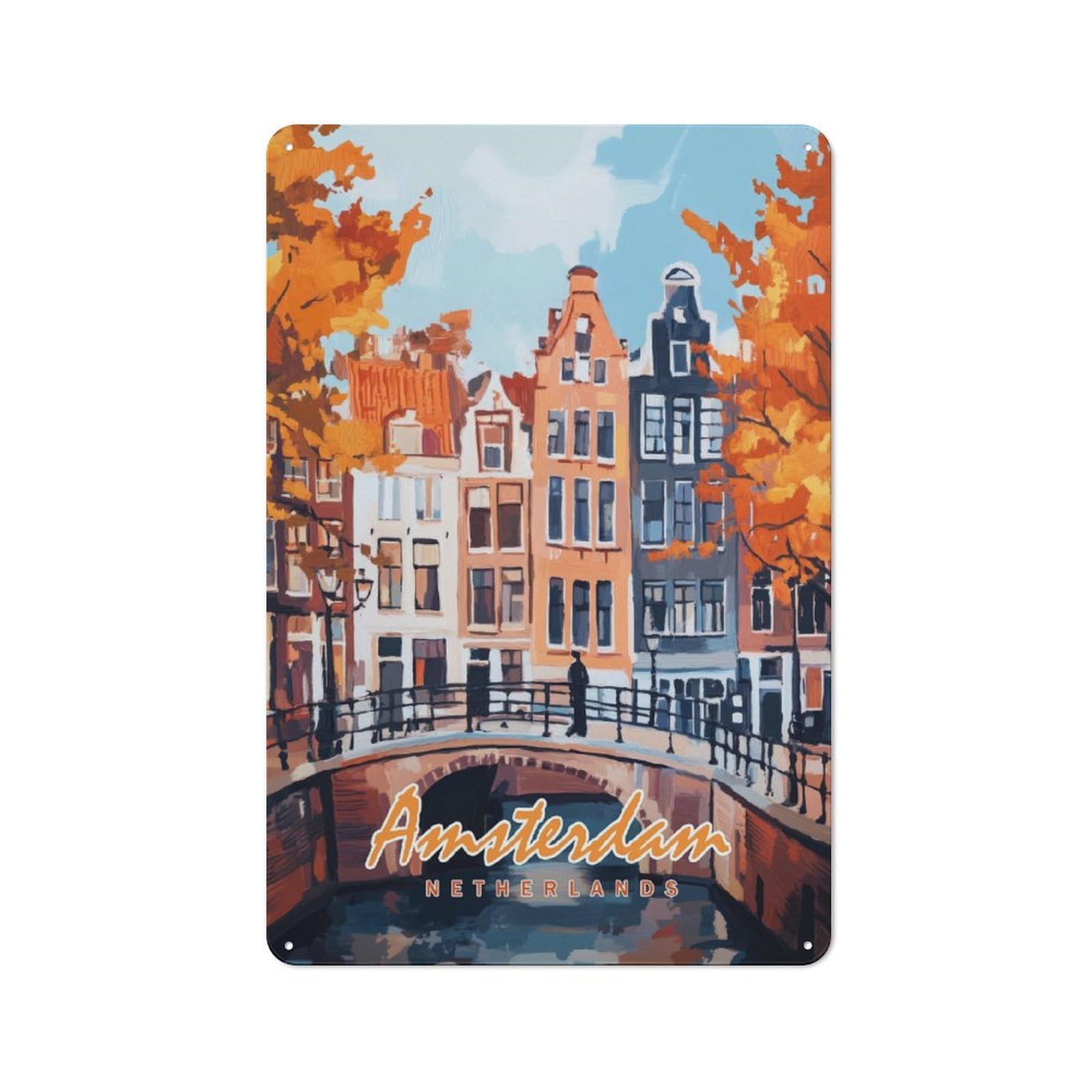 Junmoney Style-11 Amsterdam Canal Painting Rustic Metal Plaque 30X20cm For Café Or Restaurant, Wall Decor For People Reorganising Café And Restaurant