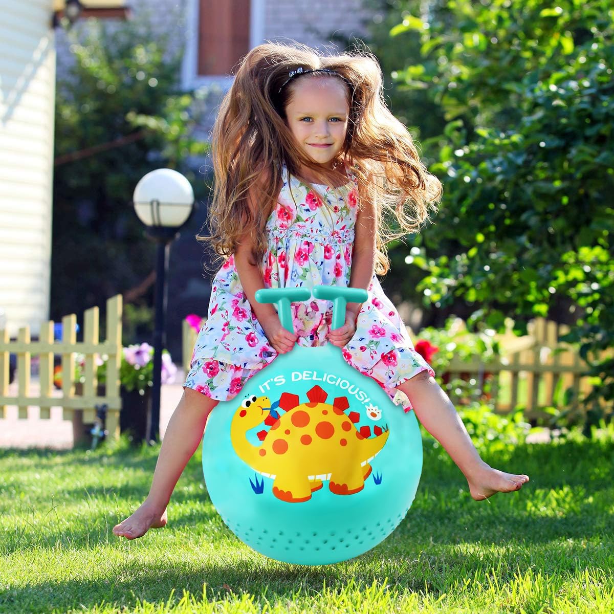 Pelota de salto para niños, pelota de saltar de dinosaurio con mango en forma de T, capacidad de carga de 80 kg, juguete para exteriores a partir de 2 años, con bomba (verde)
