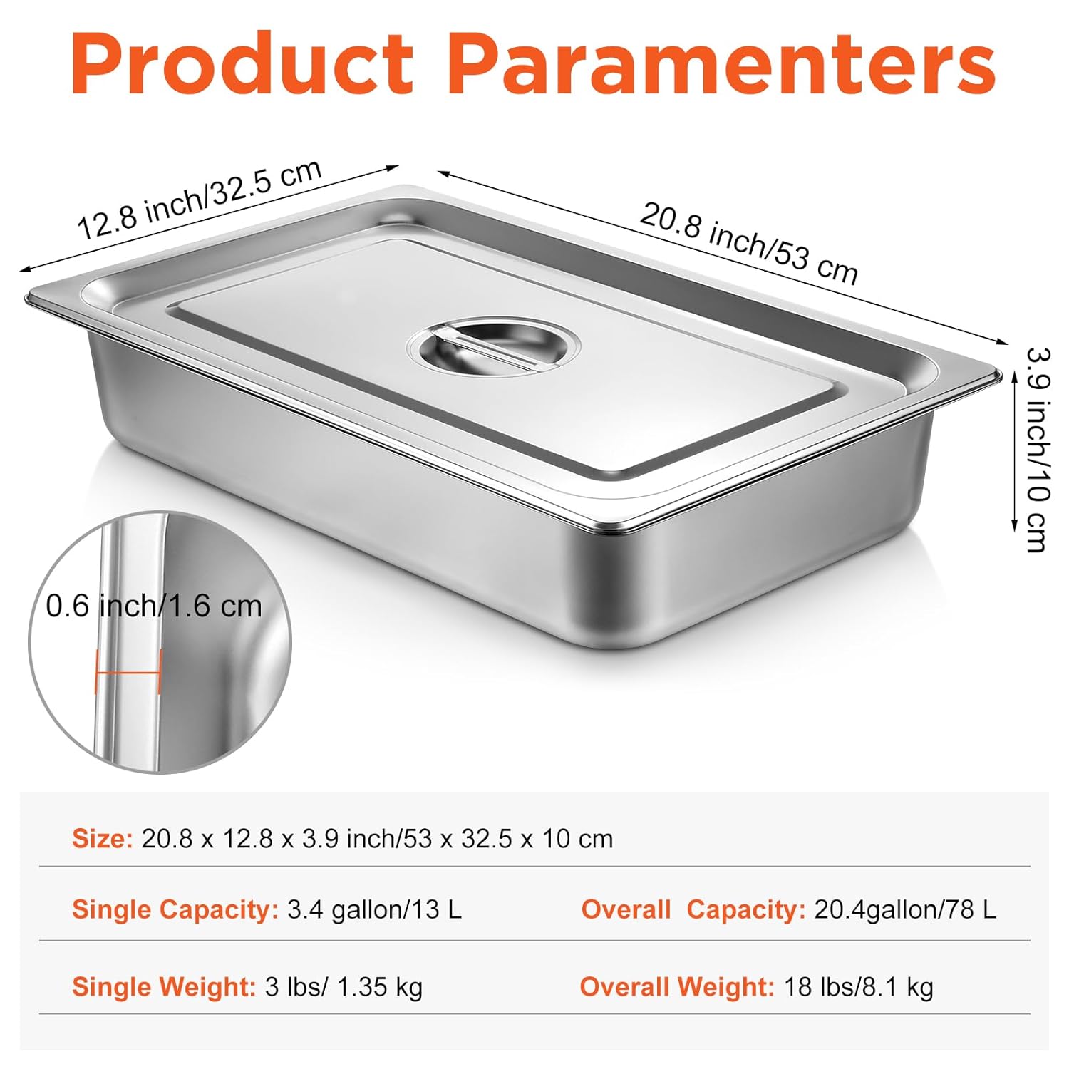 Dandat 6 Pack Full Size Steam Table Pans Deep Hotel Pan with Lid Thick Stainless Steel Restaurant Commercial Trays Steam Food Containers for Chafing Dish Buffet(20.8 x 12.8 x 3.9 Inch) - Image 2