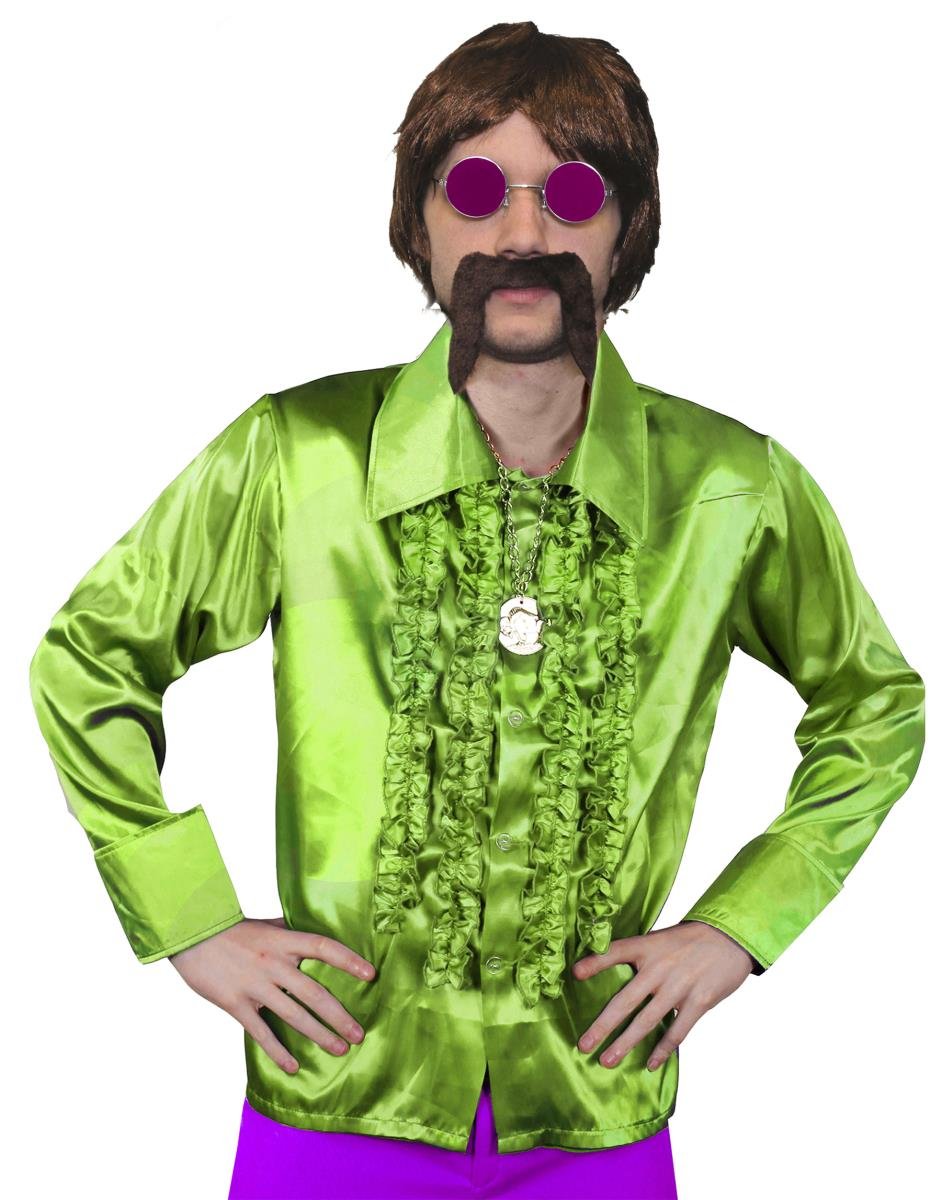Mens 70s Disco Fancy Dress Costume - Mens Short Brown Wig, Green Disco Shirt, Gold Medallion, Pink Coloured Glasses + Brown Moustache - Funky Fancy Dress Costume - Green Shirt (Xx-large)