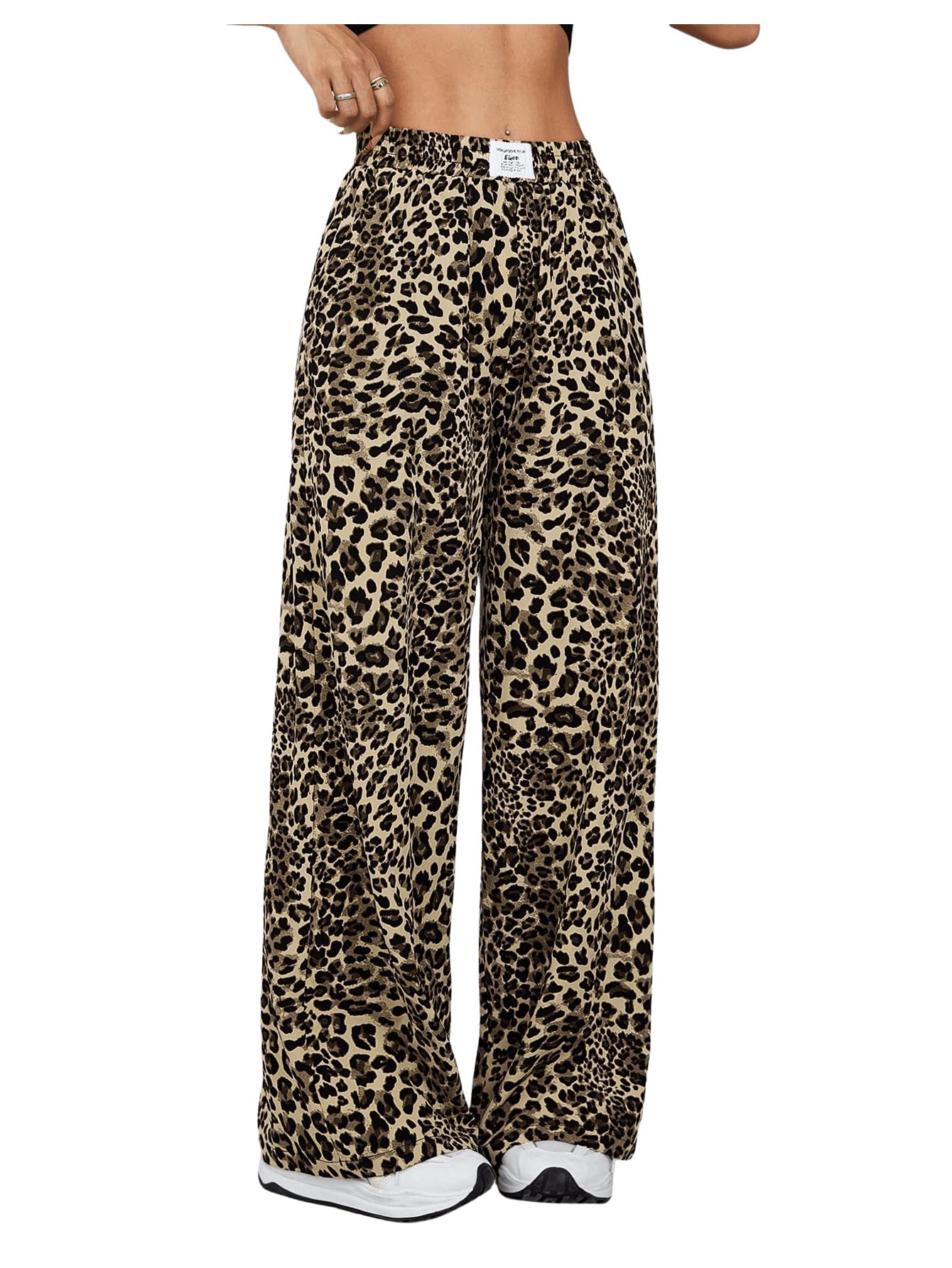 Milumia Womens Leopard Print Elastic Waisted Wide Leg Long Pants Trousers