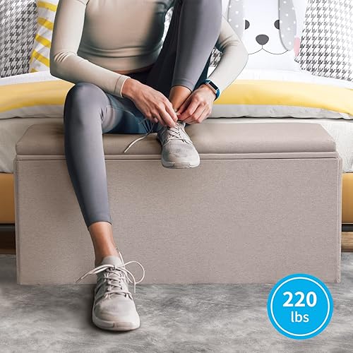 Miniatura 7 de Mjkone Otomana de almacenamiento tapizada, mesa de centro otomana rectangular plegable, taburete multiusos con asiento acolchado, banco otomano de