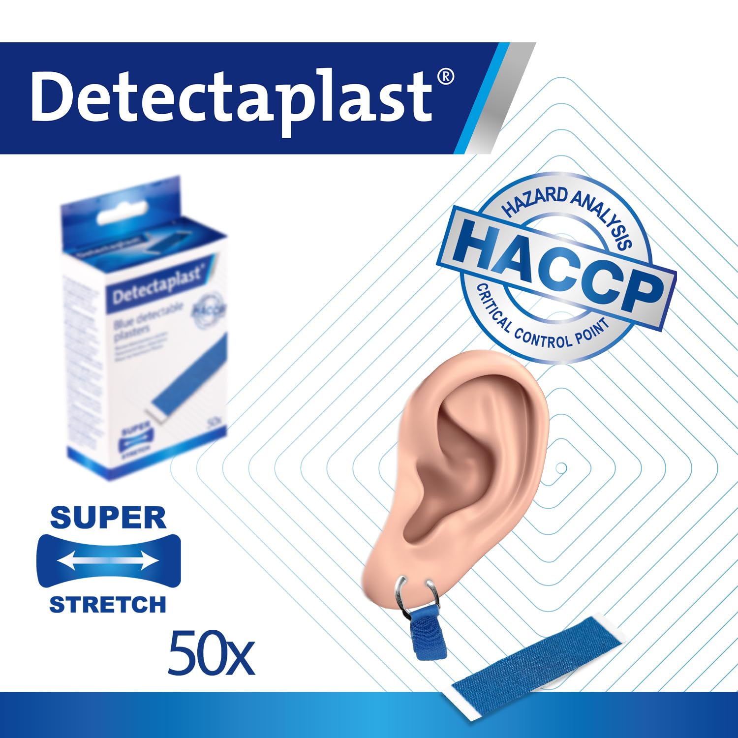 Niebieskie plastry Detectaplast Elastic, elastyczne plastry wykrywane przez detektory metalu, do apteczek dla cateringu i branży spożywczej, pomoc kuchenna, 9x38 mm (kolczyki), 50 szt.