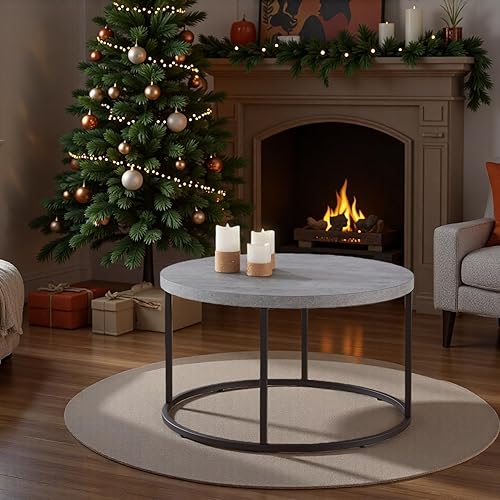 Miniatura 8 de CENSI Mesa auxiliar redonda de 31.5 pulgadas, moderna mesa central industrial de madera de roble natural para sala de estar, patas de metal Roble