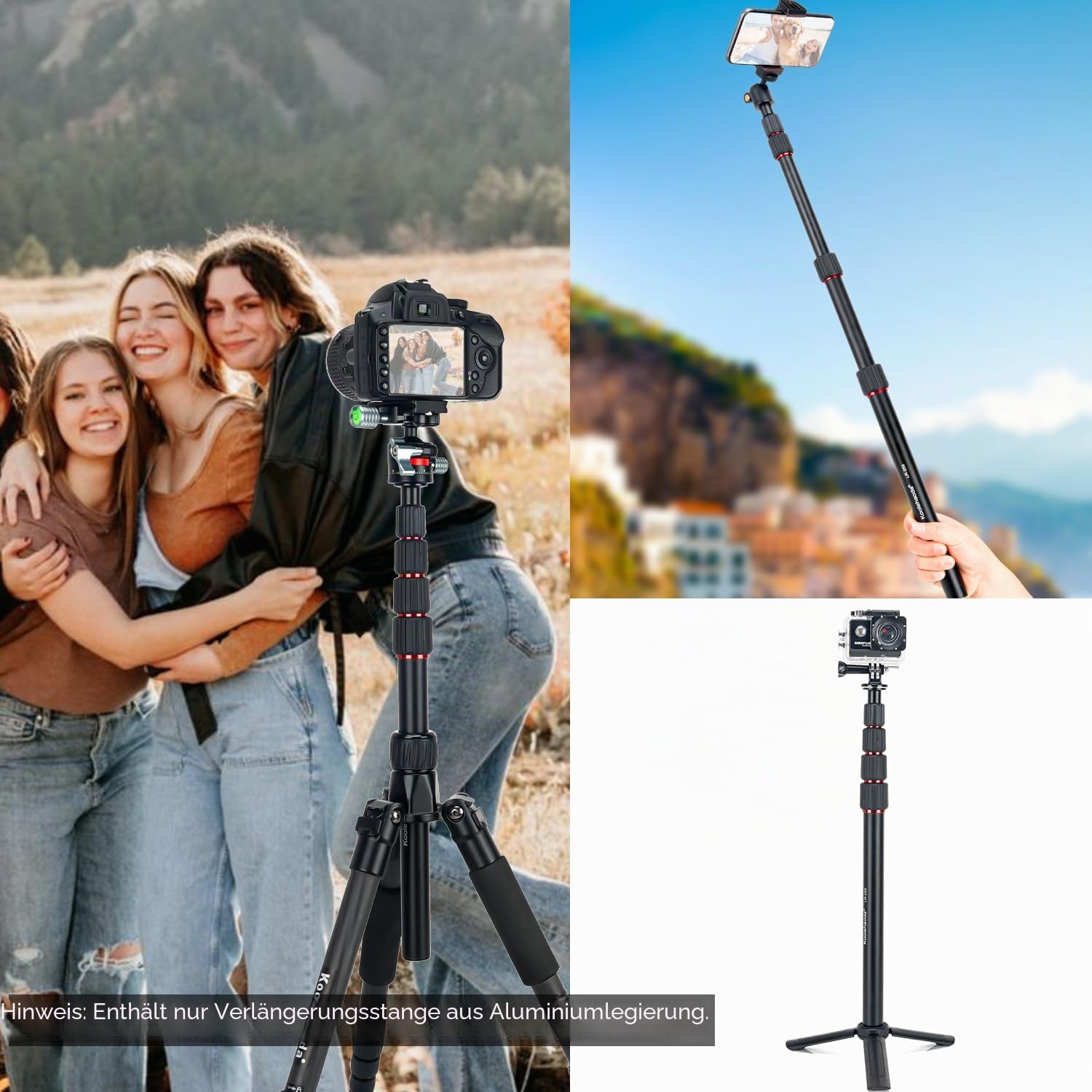 Koolehaoda Stativverlängerung, 145 cm Aluminium-Stativ, Mittelsäule, Verlängerung, Rohr, 5 Abschnitte, Einbeinstativ, Teleskopstange mit 6,3 mm - 3/8 Zoll Schraube, kompatibel mit Stativen/Gimbal