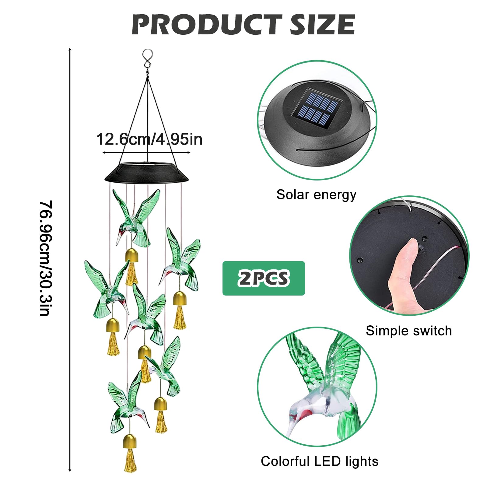 2 scacciapensieri solari per esterni, scacciapensieri a energia solare, per esterni, a forma di vento, per giardino, colibrì, per esterni, a LED che cambiano colore, impermeabile