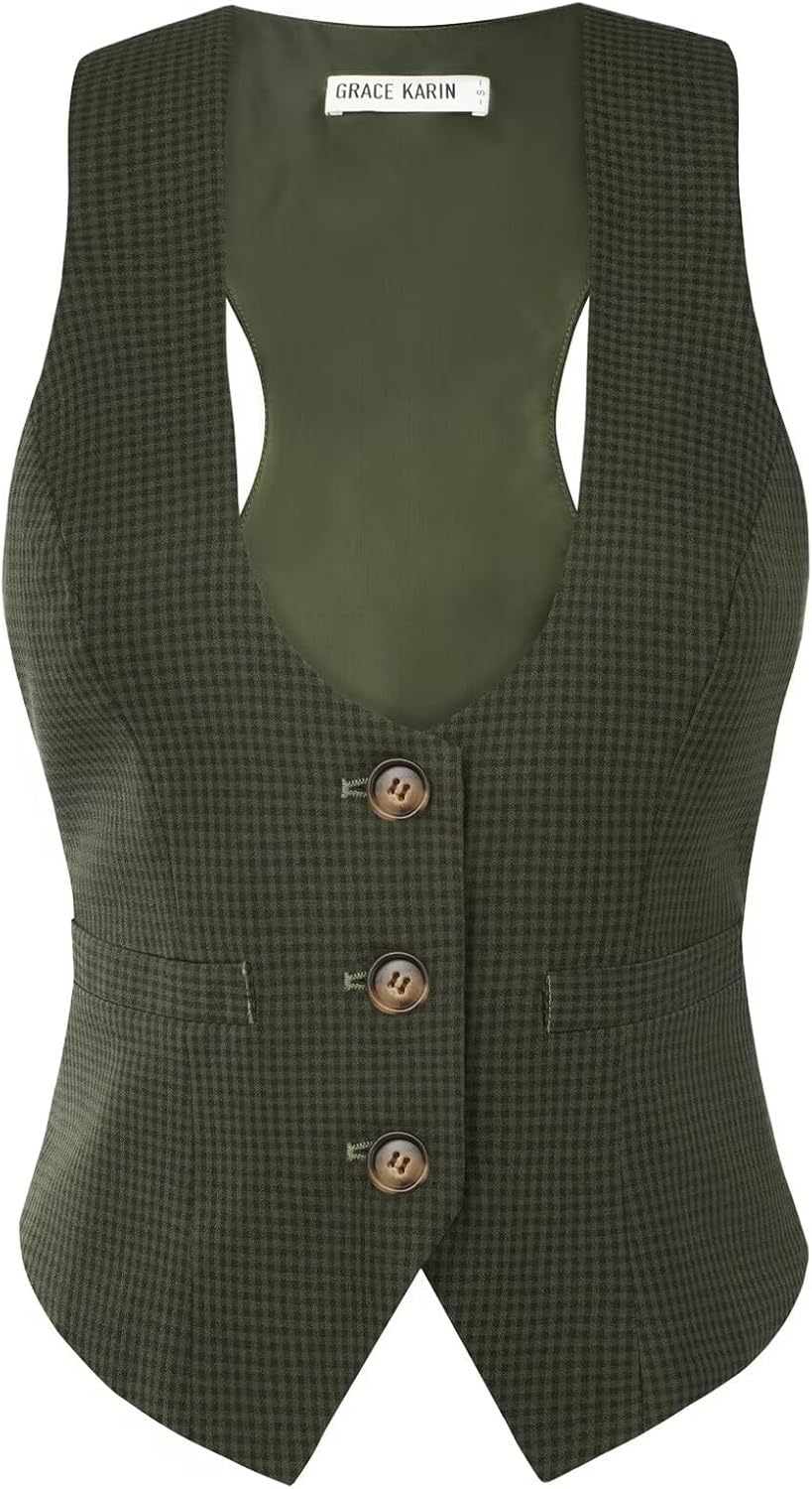 GRACE KARIN Women's Suit Vest Top, Dressy Casual Sleeveless Button Wasitcoat, Fromal Steampunk Blazer For Work Office