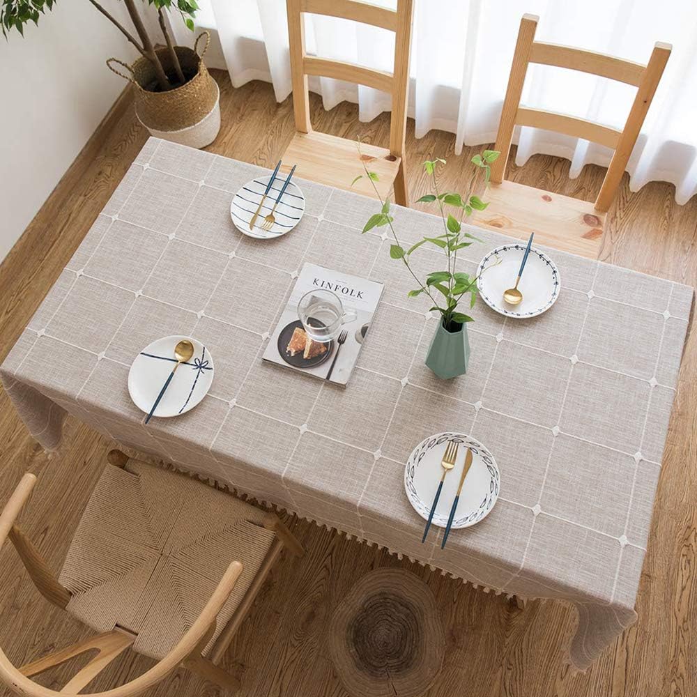 DegGod Cotton Linen Rectangle Tablecloth with Tassel, Solid Embroidery Lattice Dust-Proof Table Cloth Cover for Kitchen Dining Tabletop Decoration (Linen Lattice, Oblong, 55x78 inches)