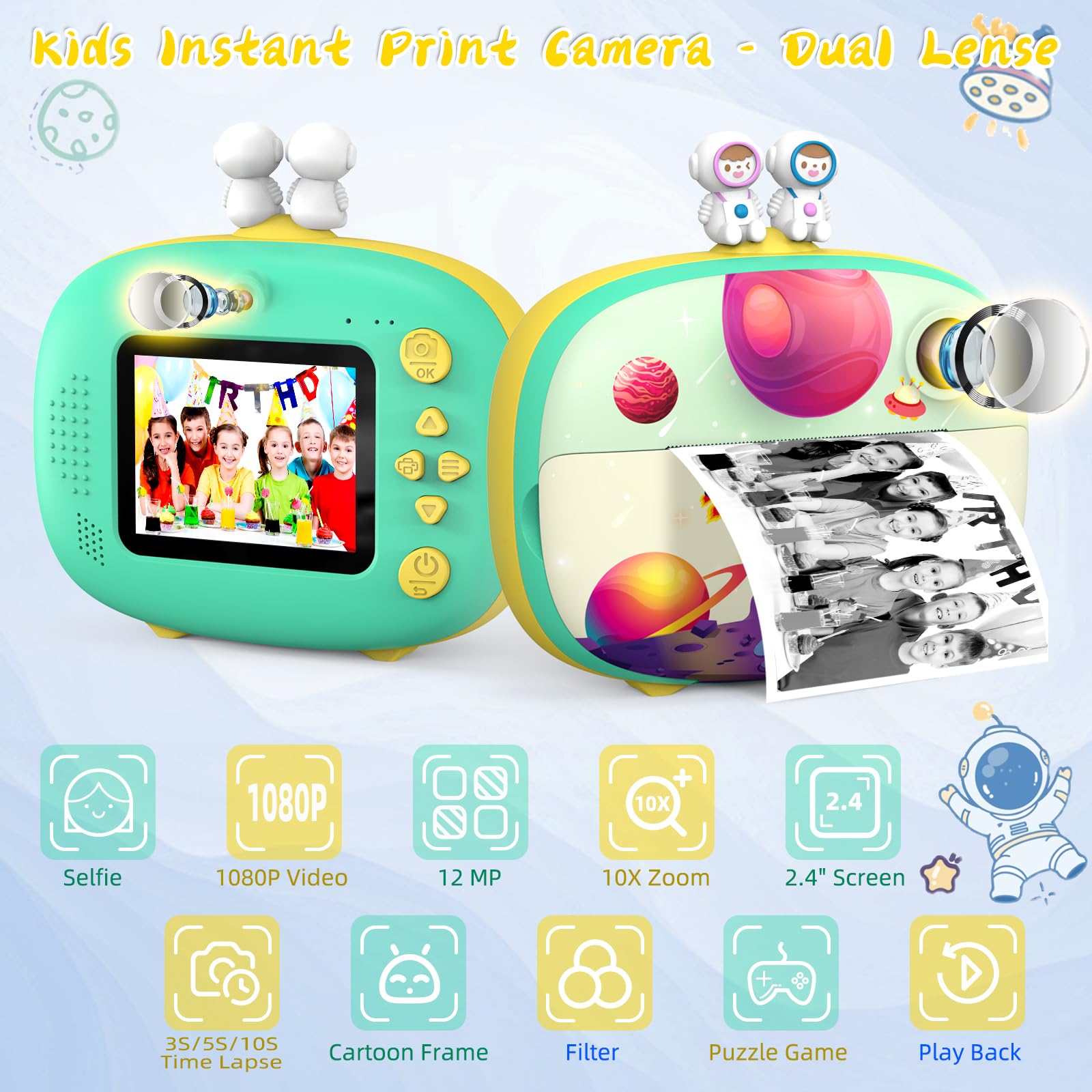 CHAKEYAKE Macchina Fotografica Bambini Istantanea,2,4 Pollici Digitale Fotocamera Bambini con 32GB TF Scheda e Carta Fotografica per Stampa, Regalo per Bambini dai 3-12 Anni (Verde)