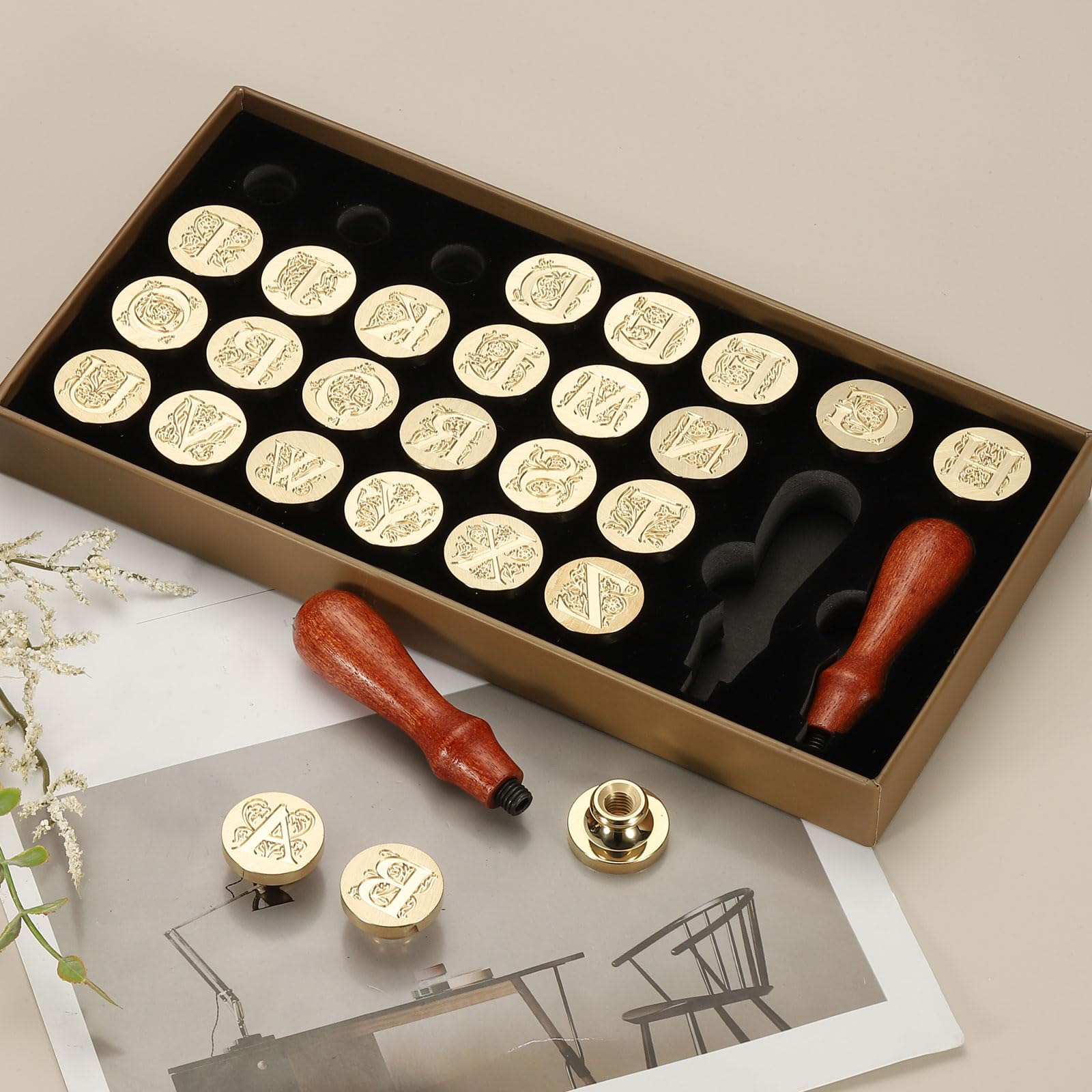 PATIKIL 26 Letters A-Z Alphabet Wax Seal Stamp Kit, Vintage Sealing Stamp with 2pcs Wooden Handles Gift Box for Wedding Invitation, Party, Gift Wrap, Envelope Card, Style 8 - Image 4