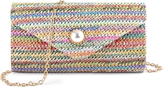 Straw Clutch Purse for Women, Pearl Decoration Boho Crossbody Bags, Evening Clutch Purses Handbags for Wedding Party Cocktail Prom Dinner(Iridescence)