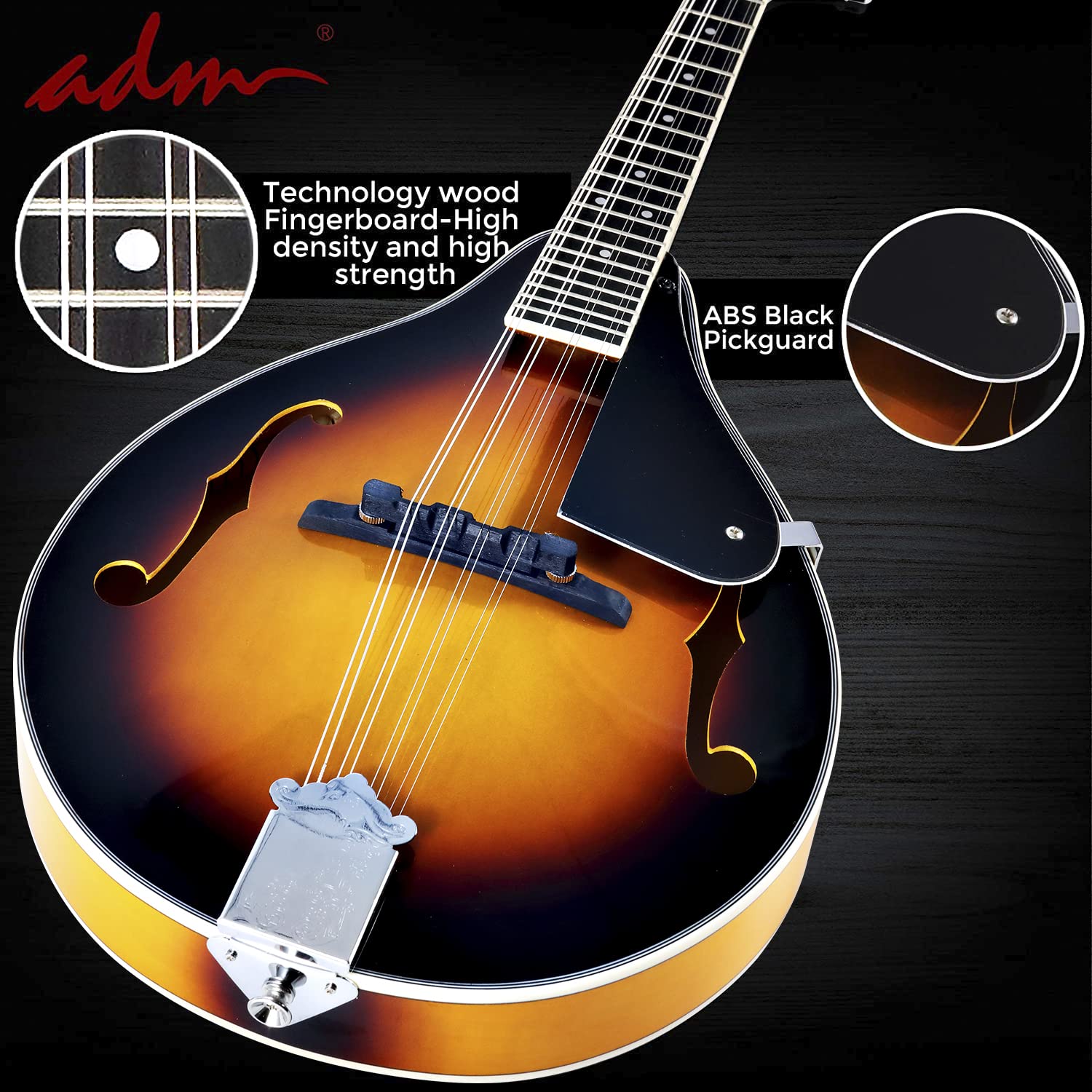 ADM Akustisches Mandolinen-Instrumenten-Set, Musik, A-Stil für Kinder, Studenten, Erwachsene, Holz-Mandolinen, Anfänger-Set mit Tasche, Stimmgerät, EQ, Gurt, Saiten, Plektren und Aufhänger, Sunbrust