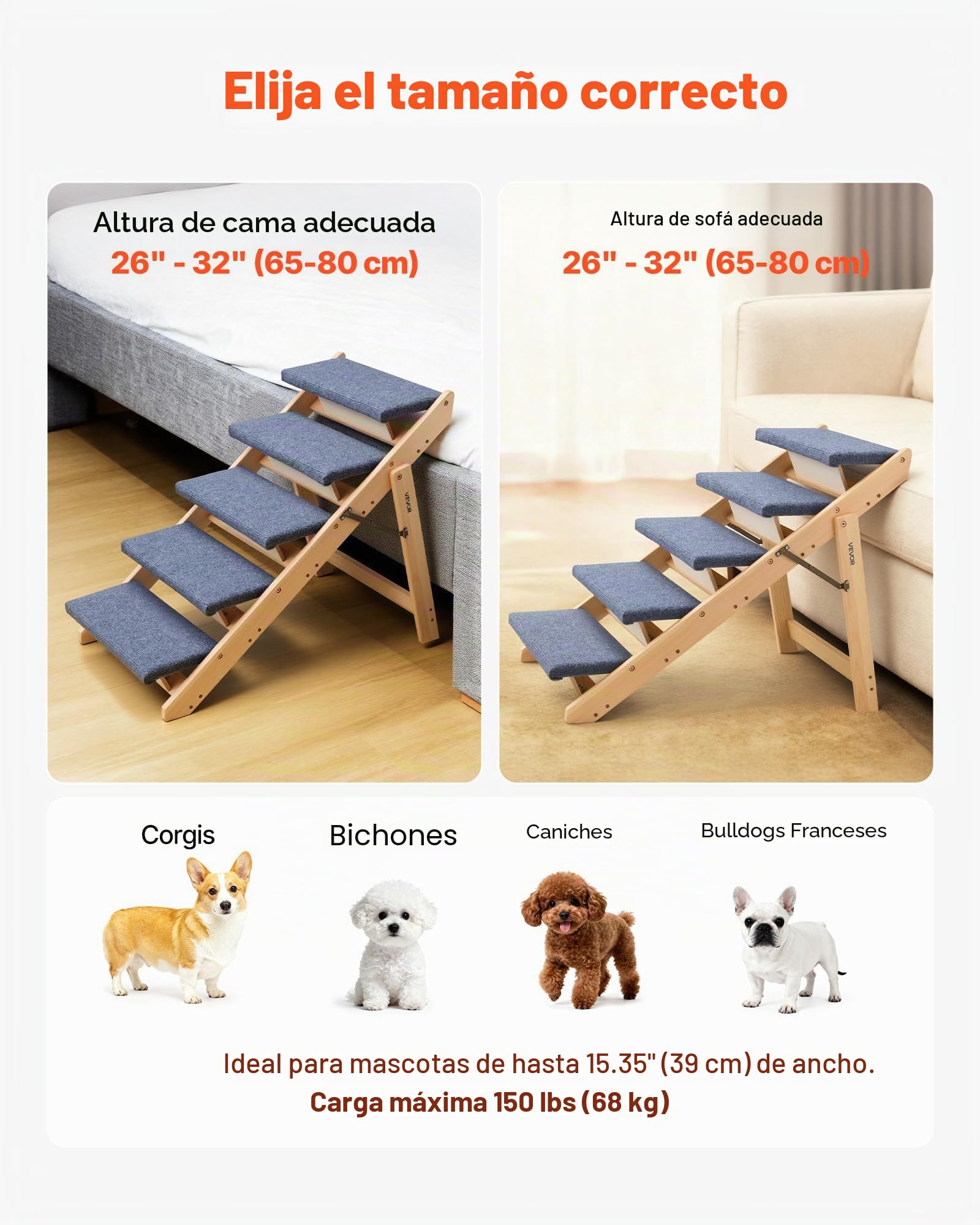 VEVOR Escalera de Madera para Mascotas, 5 Peldaños para Camas, Sofás y Coches, Carga de 68 kg, Diseño Plano y Plegable, Estable y Resistente, para Perros y Gatos Pequeños, Medianos y Grandes