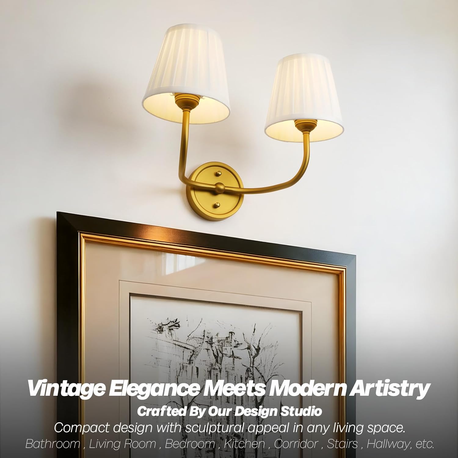 Vintage 2-Lights Wall Sconce Light Brass Gold Bathroom Vanity Light with White Fabric Shade Hardwire Double Wall Lamp Sconces for Bedroom Living Room Bathroom Kitchen Indoor E26