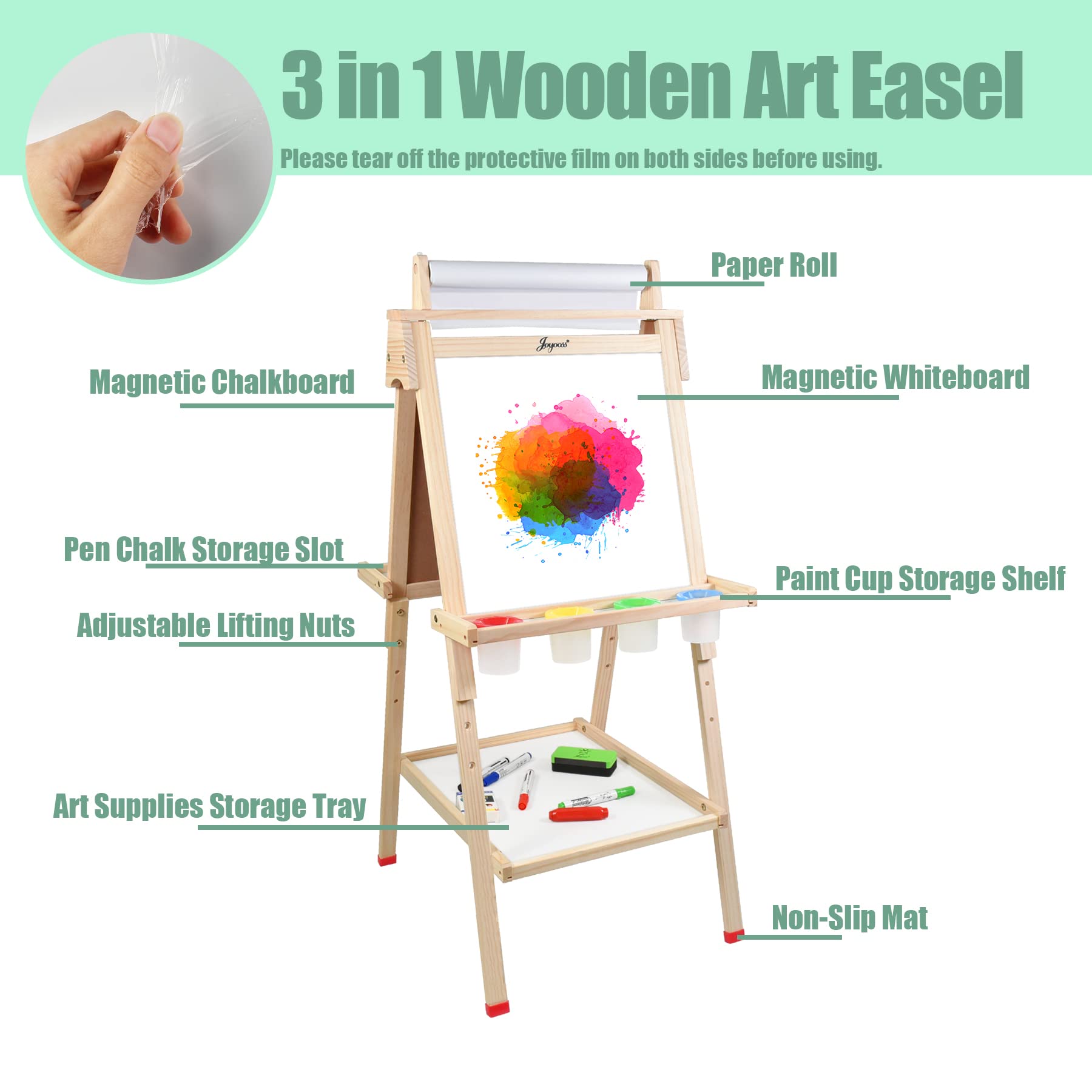 Joyooss Kindertafel Mit Papierrolle, Höhenverstellbare Kreidtafel Doppelseitige und Whiteboard, 3 in 1 Schultafel Mit Malzubehör für Mädchen Jungen (109)