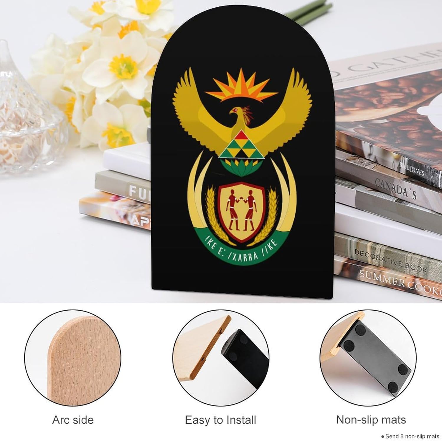 Coat of Arms of South Africa Cute Wood Book Ends Decorative Bookends 1 Pair Non-Skid for Shelves Home Office 7 X 5 Inch