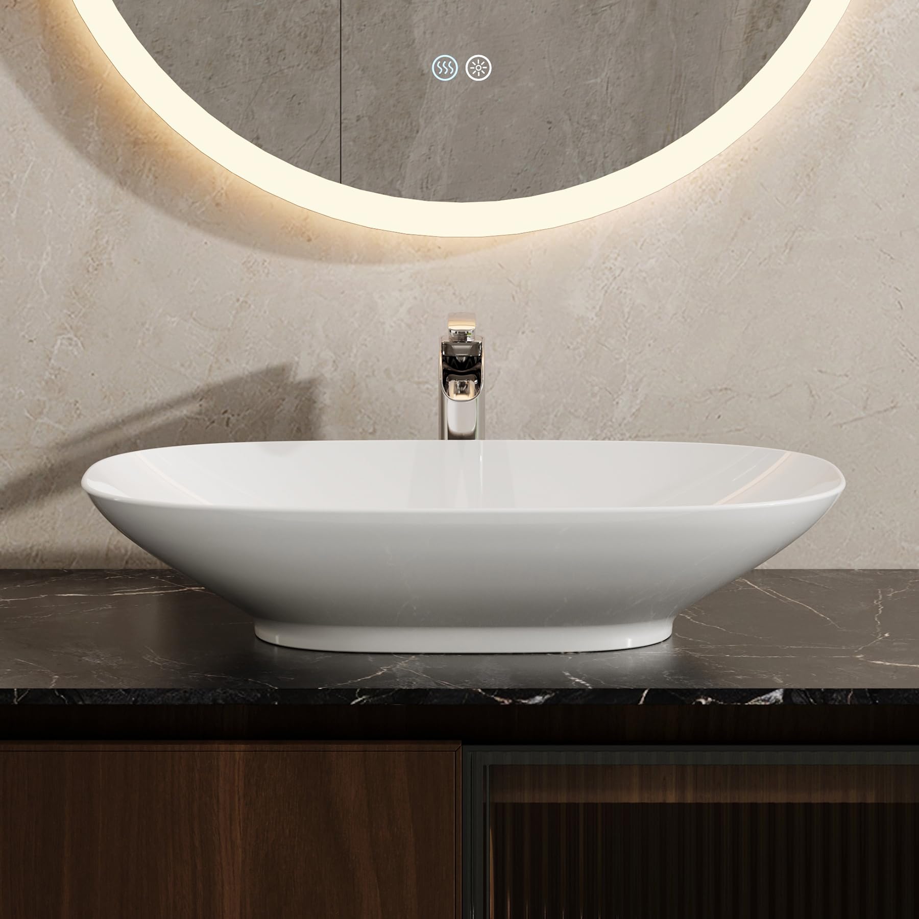 HOROW Aufsatzwaschbecken Modernes Waschbecken | mit Slim-Edge Design für Badezimmer Gäste-WC, dünner Rand, pflegeleichte Oberfläche, Keramik 60x40 cm Weiß