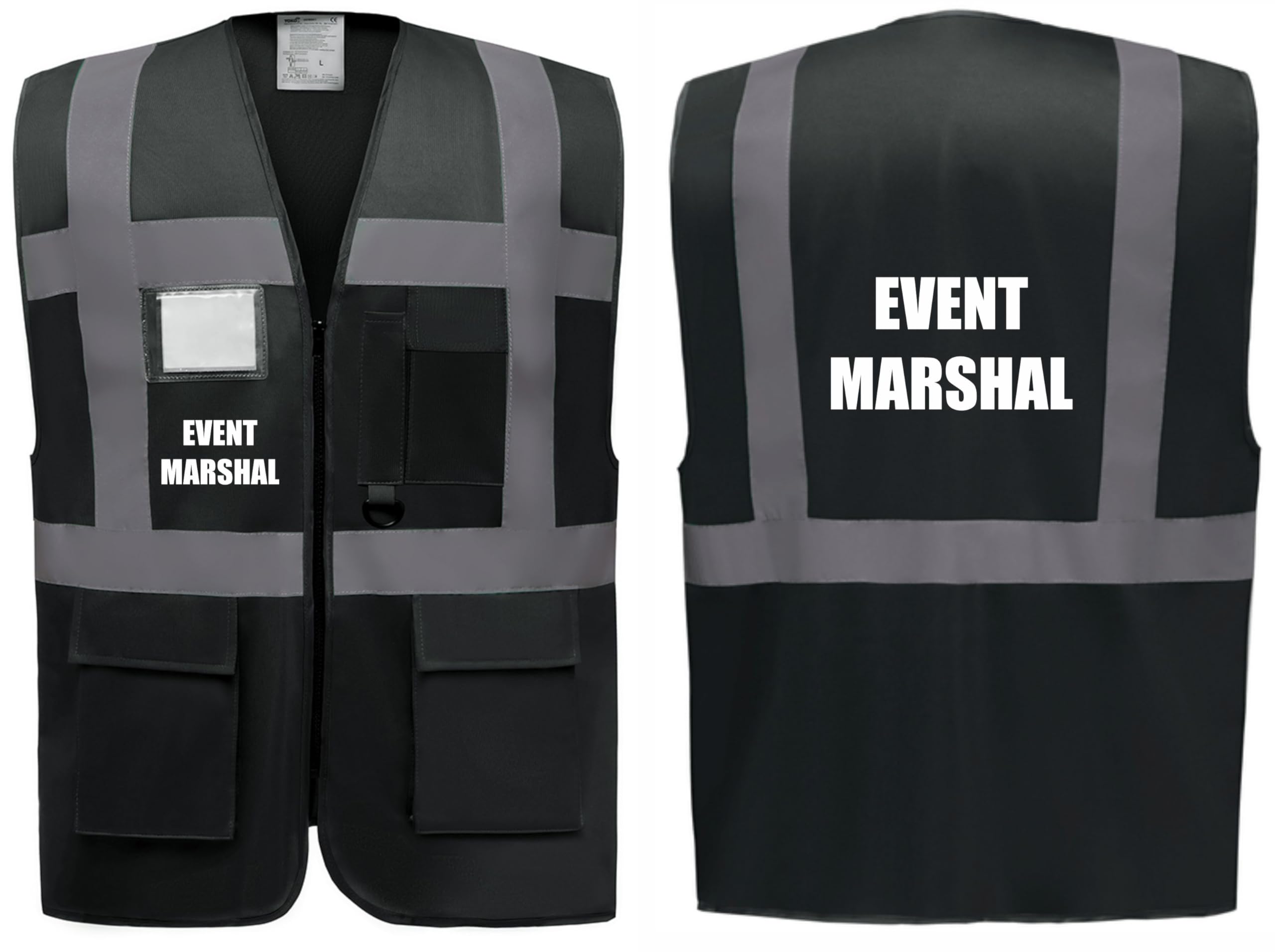 Event Marshal Superior Zipped Hi Vis Vest High Visibility Safety Waistcoat Pockets Reflective Bands Event Staff, Event Support, 12 Colour Options, Brook Hi Vis (Black, 2XL)
