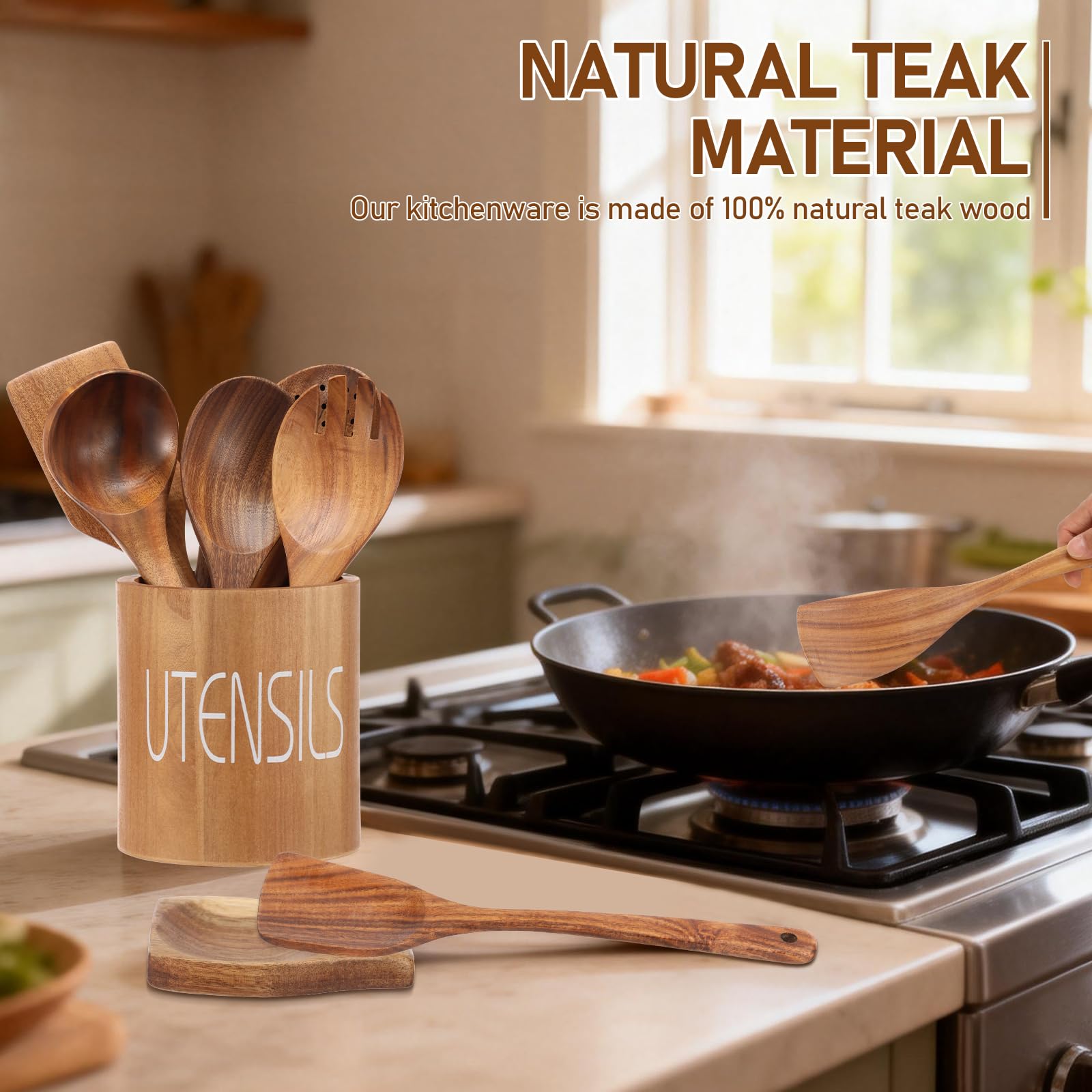9er Set Kochlöffel Holz Set aus Teakholz mit Halter Pfannenwender Holz und Schöpflöffel Küchenutensilien für Antihaftpfannen Hitzebeständig Robustes Kochbesteck Unikat Naturholz Braun