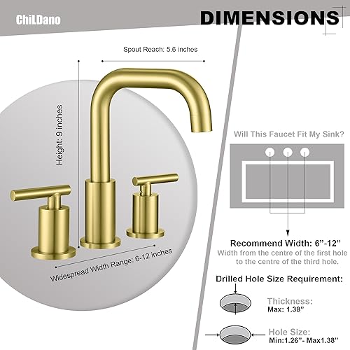 Miniatura 2 de Grifo de baño dorado con manguera de drenaje y suministro, 2 manijas de oro cepillado para fregadero de 3 agujeros, grifo de baño dorado CH3166BG