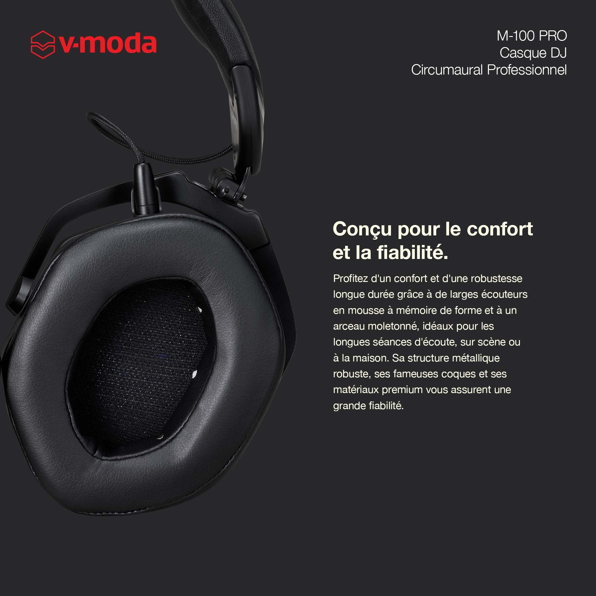 V-Moda M-100 PRO | Casque professionnel circumaural pour DJ | Conçu pour les DJs pros et la musique rythmée | Isolation phonique supérieure | Écoute à une oreille | Confort longue durée